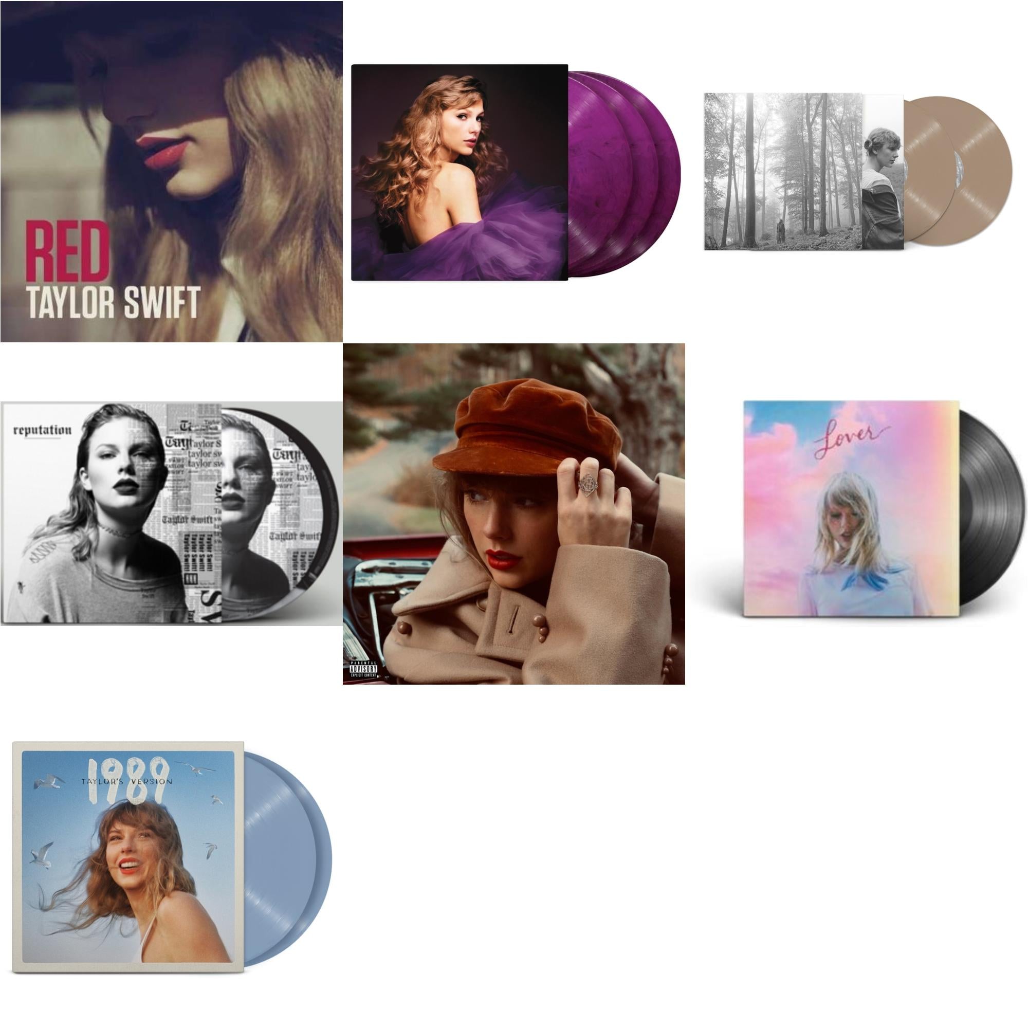 Taylor Swift - Folklore (X) (Beige Vinyl/2LP) & Red (Taylor's Version) (4LP) & Speak Now (Taylor's Version) (Orchid Marbled Vinyl/3LP) & 1989 (Taylor's Version) (2LP/Crystal Skies Blue Vinyl) & Lover (2LP) & Red & Reputation (Picture Disc)