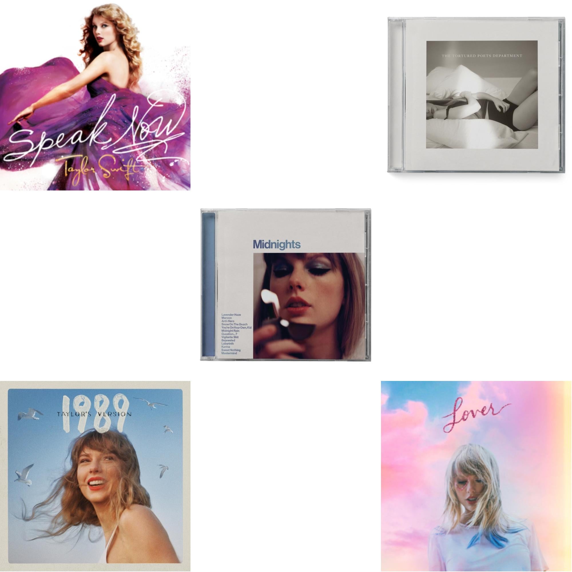 Midnights (X) (Moonstone Blue CD) & 1989 (Taylor's Version) & Tortured Poets Department (X) (Manuscript- Bonus Track) & Speak Now & Lover
