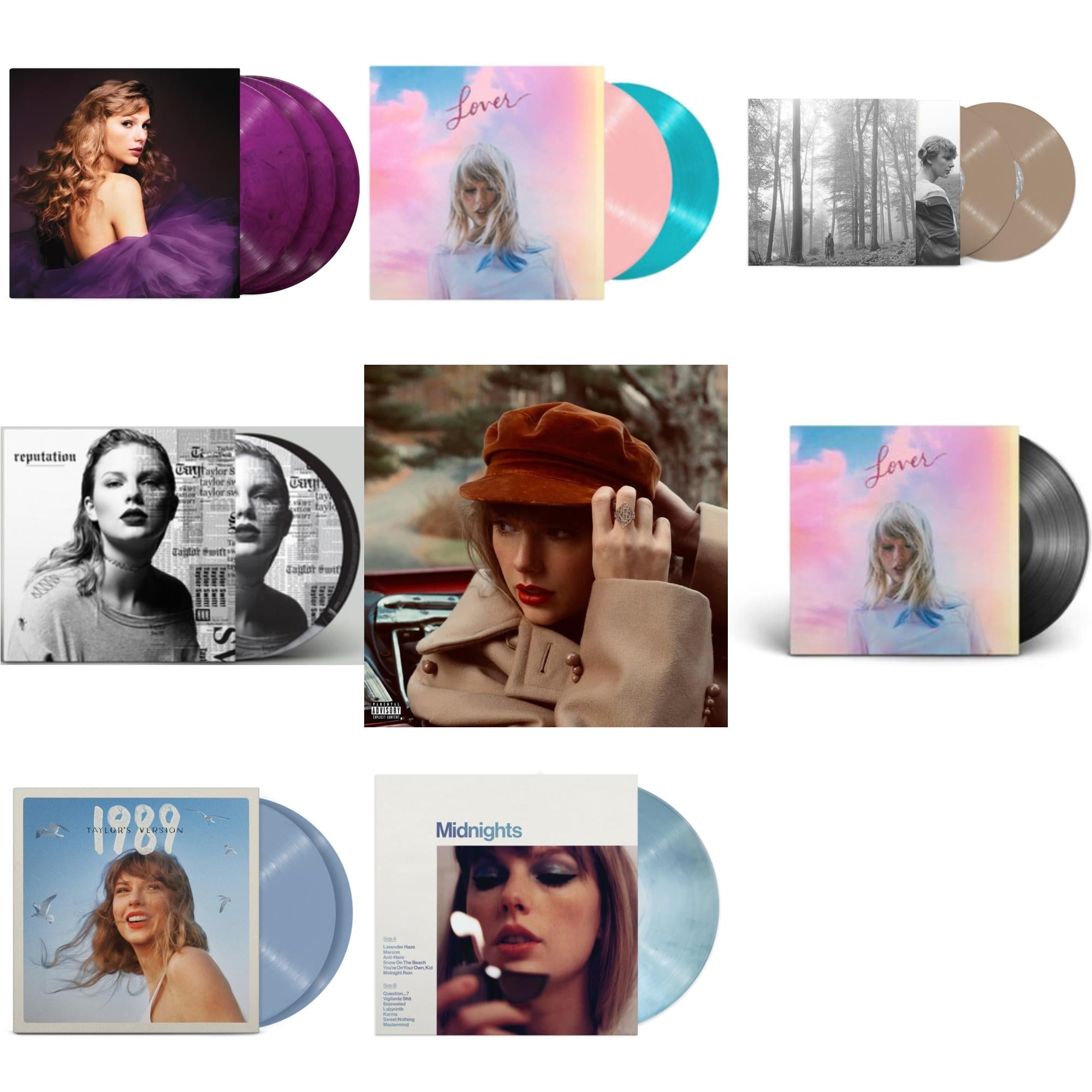 Taylor Swift - Folklore (X) (Beige Vinyl/2LP) & Red (Taylor's Version) (4LP) & Midnights (X) (Moonstone Blue LP Vinyl) & Speak Now (Taylor's Version) (Orchid Marbled Vinyl/3LP) & 1989 (Taylor's Version) (2LP/Crystal Skies Blue Vinyl) & Lover (2LP) &