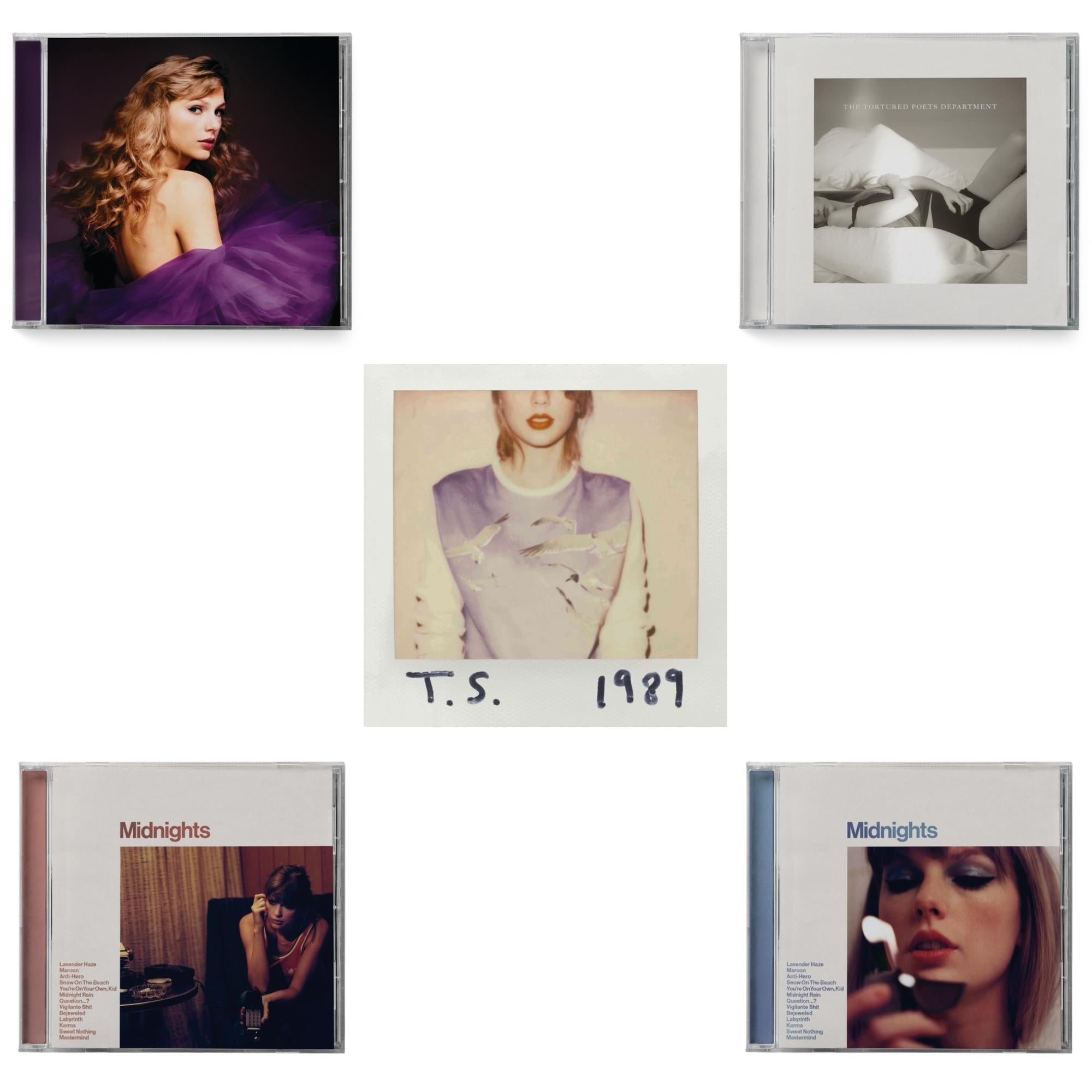 Midnights (X) (Moonstone Blue CD) & Midnights (X) (Blood Moon CD) & Speak Now (Taylor's Version) (2CD) & Tortured Poets Department (X) (Manuscript- Bonus Track) & 1989