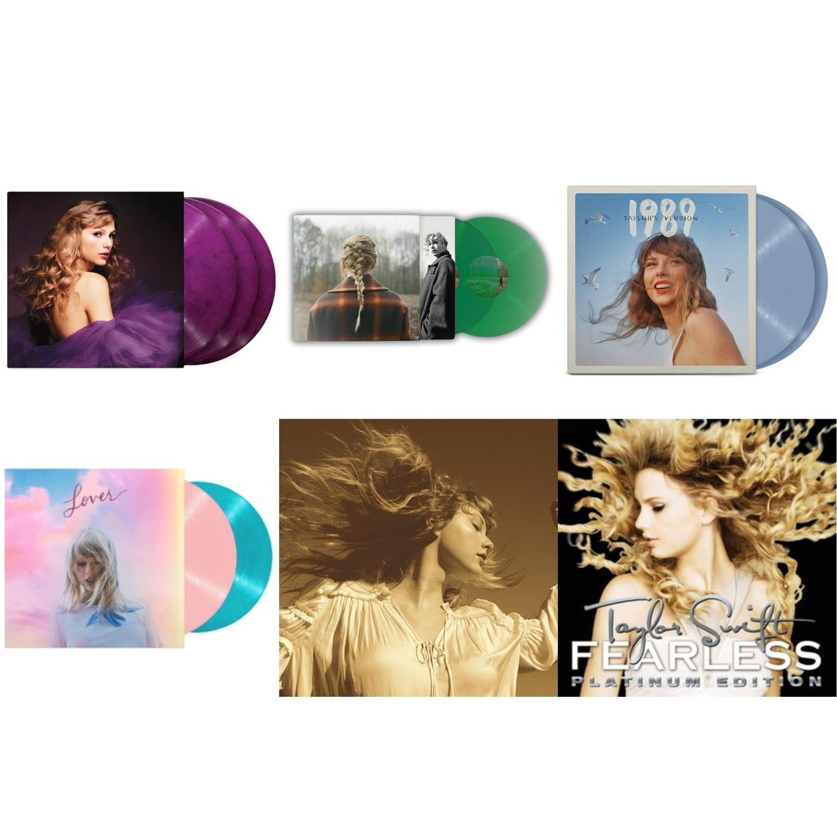 Taylor Swift - Evermore (Translucent Green Vinyl/2LP) & Fearless (Taylor's Version) (Gold Vinyl/3LP) & Speak Now (Taylor's Version) (Orchid Marbled Vinyl/3LP) & 1989 (Taylor's Version) (2LP/Crystal Skies Blue Vinyl) & Lover & Fearless Platinum Edition