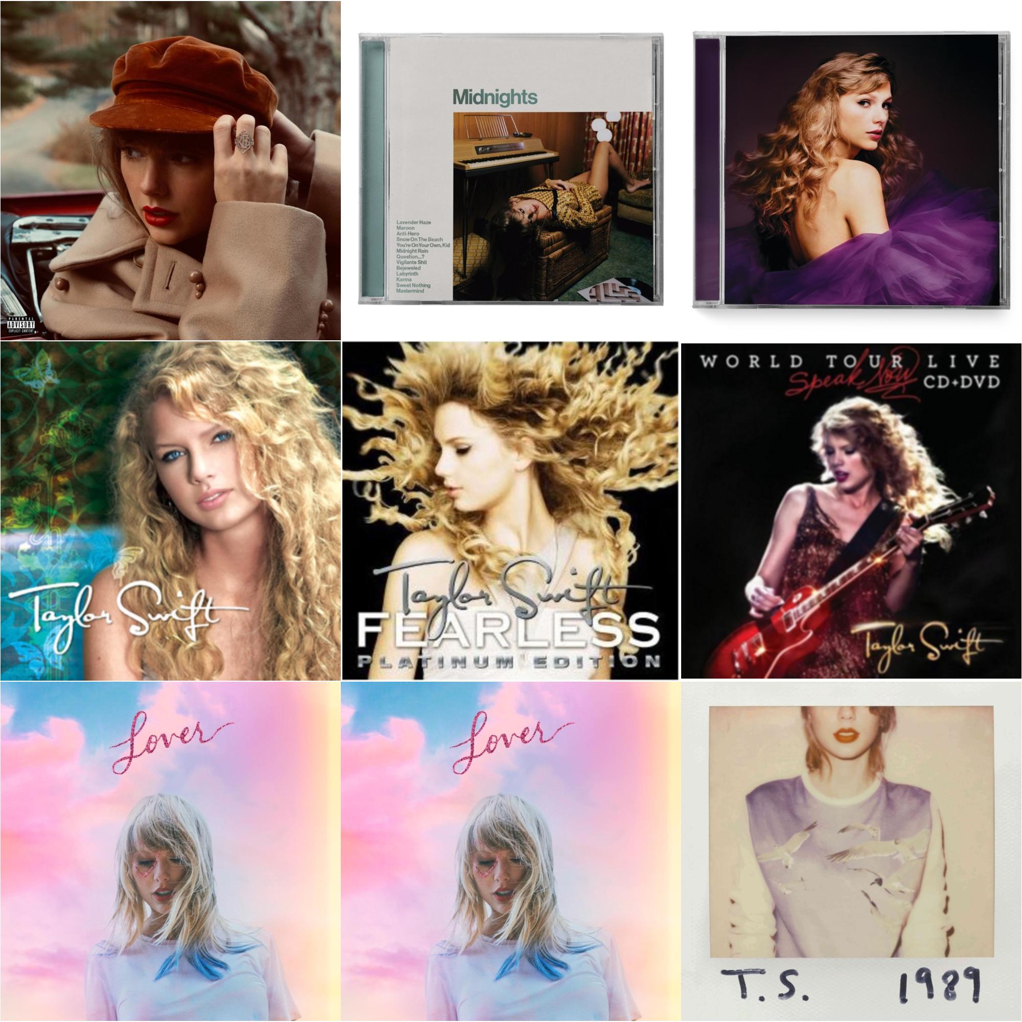 Taylor Swift - Red (Taylor's Version) (Edited) (2CD) & Midnights (X) (Jade Green CD) & Speak Now (Taylor's Version) (2CD) & Taylor Swift & Fearless & Speak Now World Tour Live (CD/DVD) & Lover (Deluxe) (Version 1) & Lover (Deluxe) (Version 2) & 1989