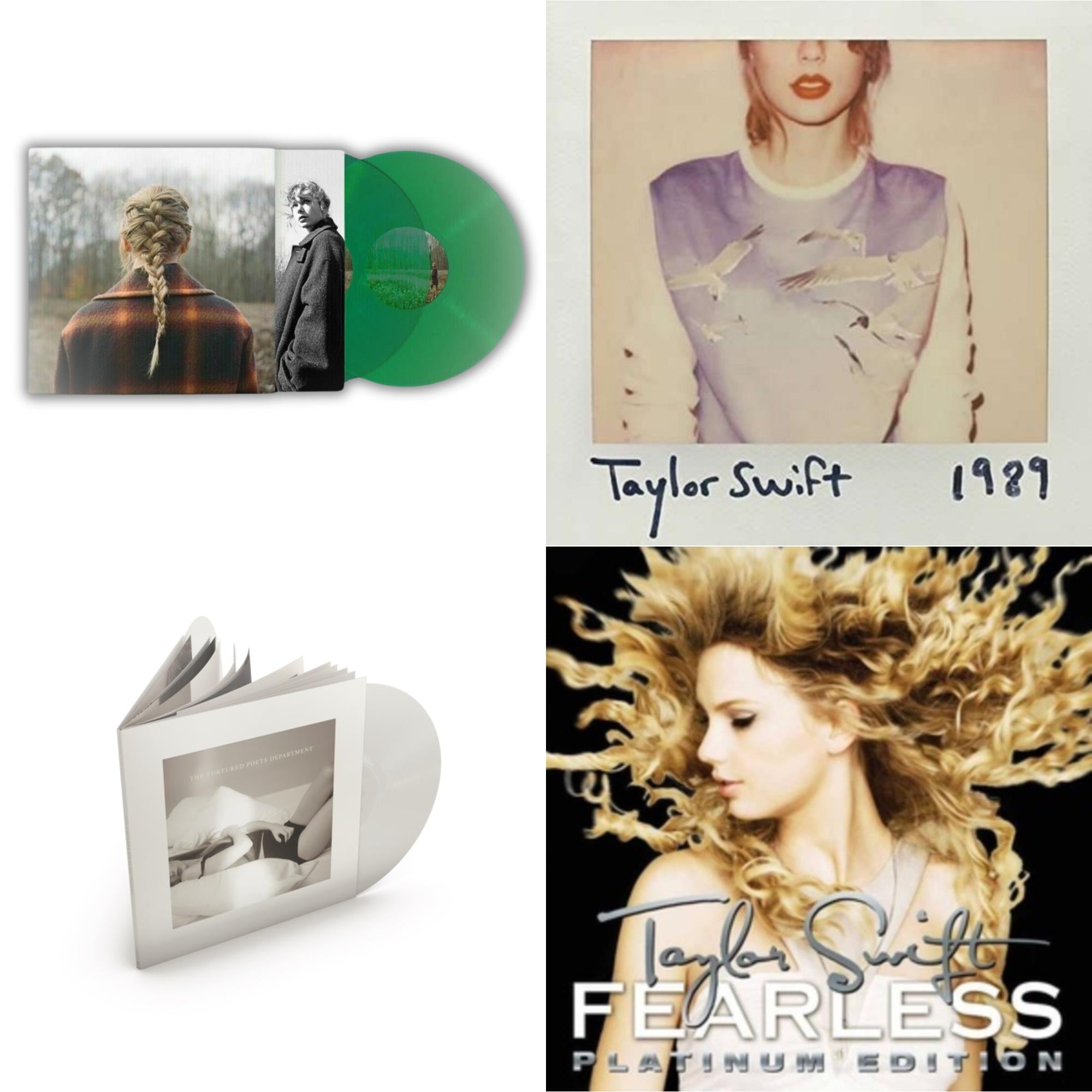 Taylor Swift - Evermore (Translucent Green Vinyl/2LP) & Tortured Poets Department (X) (Ghosted White Vinyl/2LP/Manuscript- Bonus Track) & 1989 & Fearless Platinum Edition