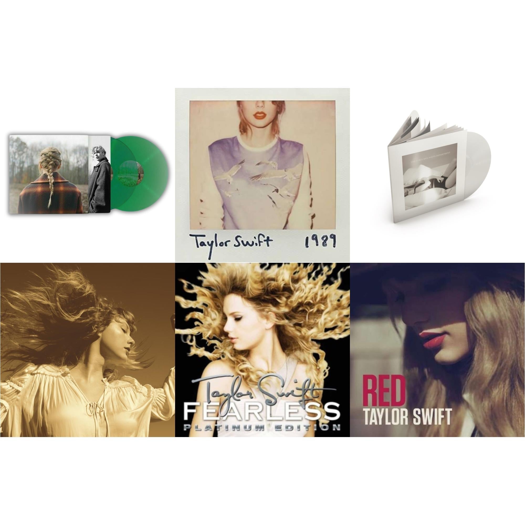 Taylor Swift - Evermore (Translucent Green Vinyl/2LP) & Fearless (Taylor's Version) (Gold Vinyl/3LP) & Tortured Poets Department (X) (Ghosted White Vinyl/2LP/Manuscript- Bonus Track) & 1989 & Red & Fearless Platinum Edition