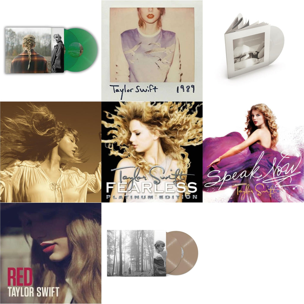 Taylor Swift - Folklore (X) (Beige Vinyl/2LP) & Taylor Swift - Evermore (Translucent Green Vinyl/2LP) & Fearless (Taylor's Version) (Gold Vinyl/3LP) & Tortured Poets Department (X) (Ghosted White Vinyl/2LP/Manuscript- Bonus Track) & 1989 & Speak Now