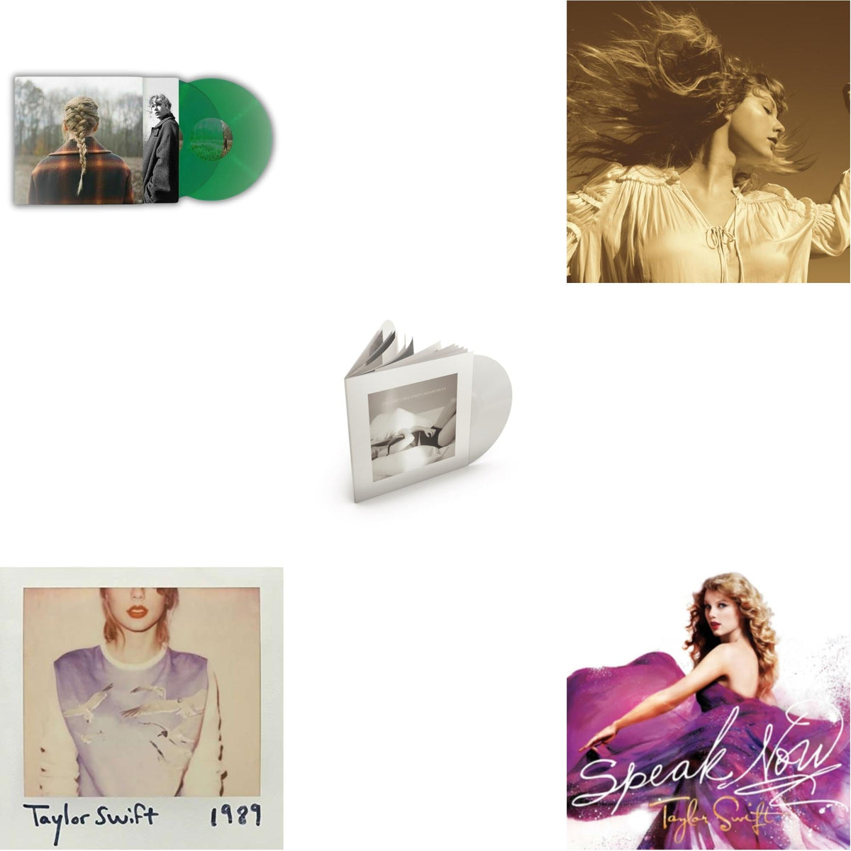 Taylor Swift - Taylor Swift - Evermore (Translucent Green Vinyl/2LP) & Fearless (Taylor's Version) (Gold Vinyl/3LP) & Tortured Poets Department (X) (Ghosted White Vinyl/2LP/Manuscript- Bonus Track) & 1989 & Speak Now