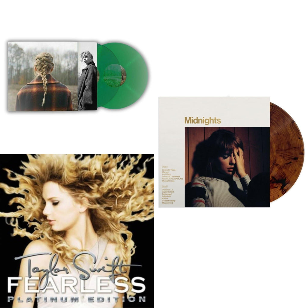 Taylor Swift - Evermore (Translucent Green Vinyl/2LP) & Midnights (X) (Mahogany Color LP Vinyl) & Fearless Platinum Edition