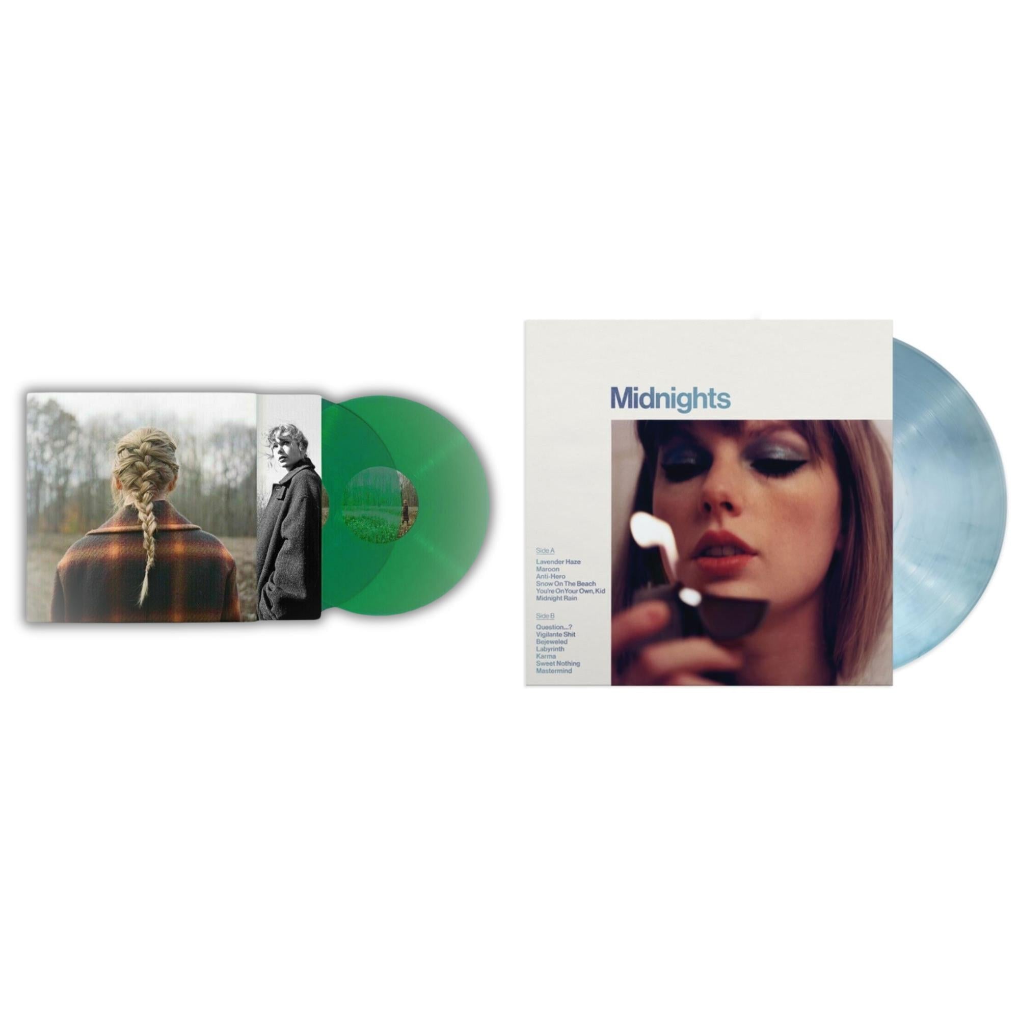 Taylor Swift - Taylor Swift - Evermore (Translucent Green Vinyl/2LP) & Midnights (X) (Moonstone Blue LP Vinyl)