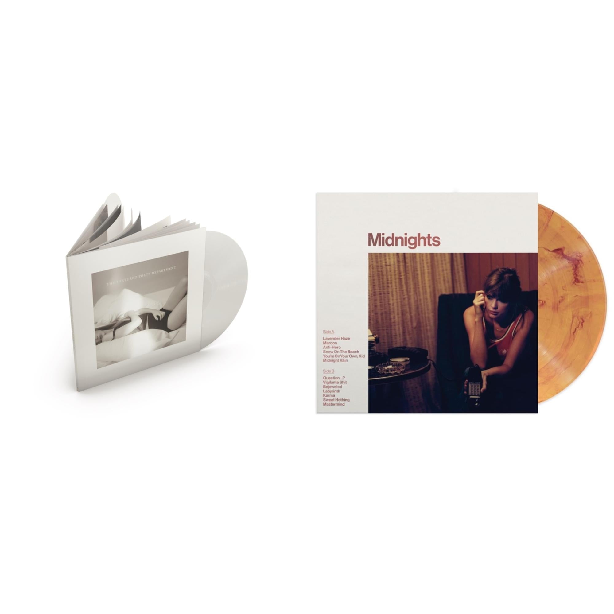 Taylor Swift - Midnights (X) (Blood Moon LP Vinyl) & Tortured Poets Department (X) (Ghosted White Vinyl/2LP/Manuscript- Bonus Track)