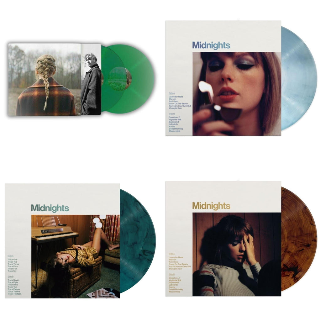 Taylor Swift - Evermore (Translucent Green Vinyl/2LP) & Midnights (X) (Moonstone Blue LP Vinyl) & Midnights (X) (Jade Green LP Vinyl) & Midnights (X) (Mahogany Color LP Vinyl)