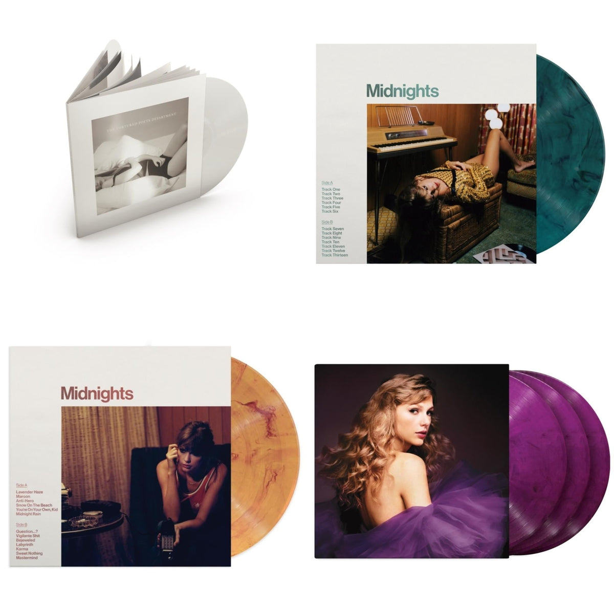 Midnights (X) (Jade Green LP Vinyl) & Midnights (X) (Blood Moon LP Vinyl) & Speak Now (Taylor's Version) (Orchid Marbled Vinyl/3LP) & Tortured Poets Department (X) (Ghosted White Vinyl/2LP/Manuscript- Bonus Track)