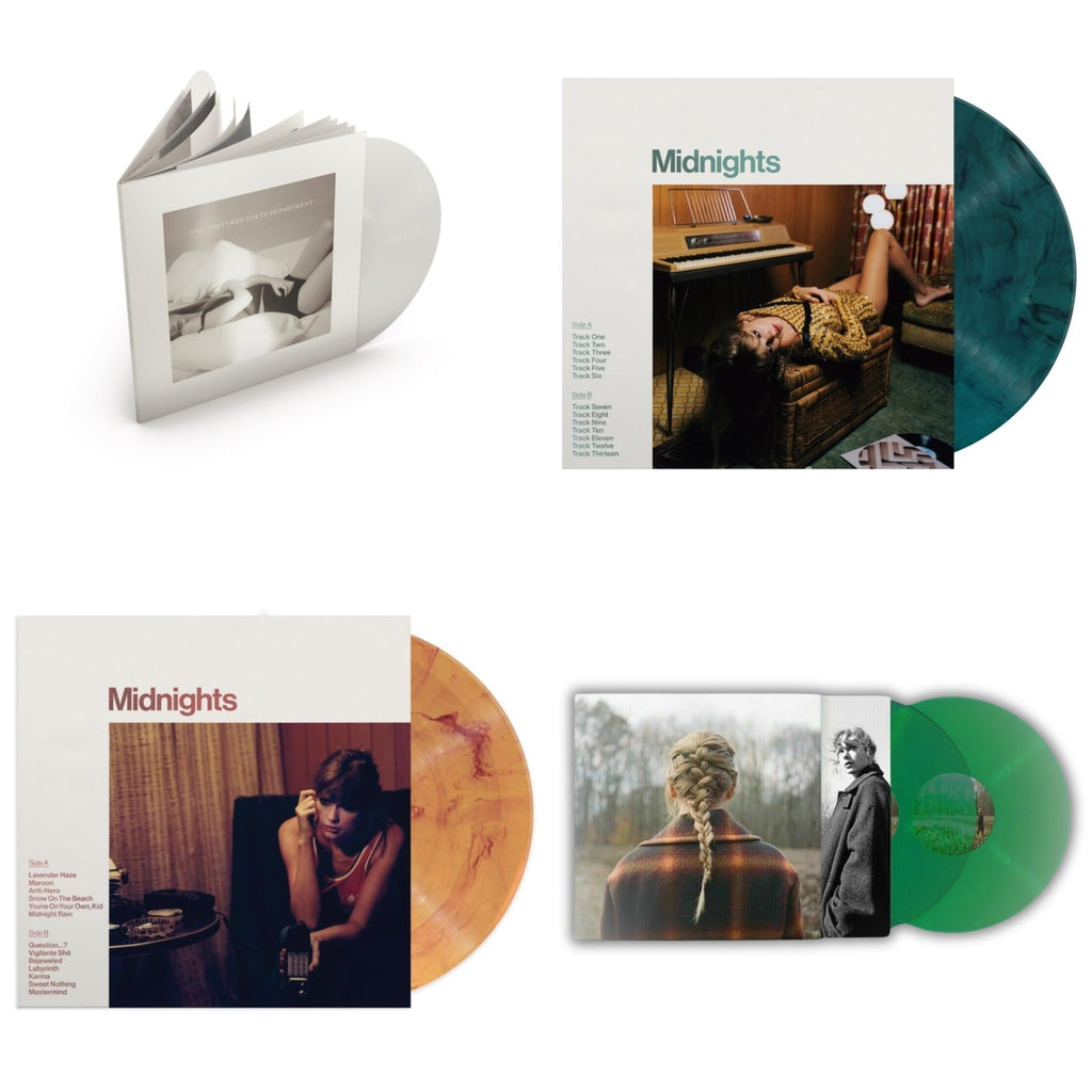 Taylor Swift - Evermore (Translucent Green Vinyl/2LP) & Midnights (X) (Jade Green LP Vinyl) & Midnights (X) (Blood Moon LP Vinyl) & Tortured Poets Department (X) (Ghosted White Vinyl/2LP/Manuscript- Bonus Track)