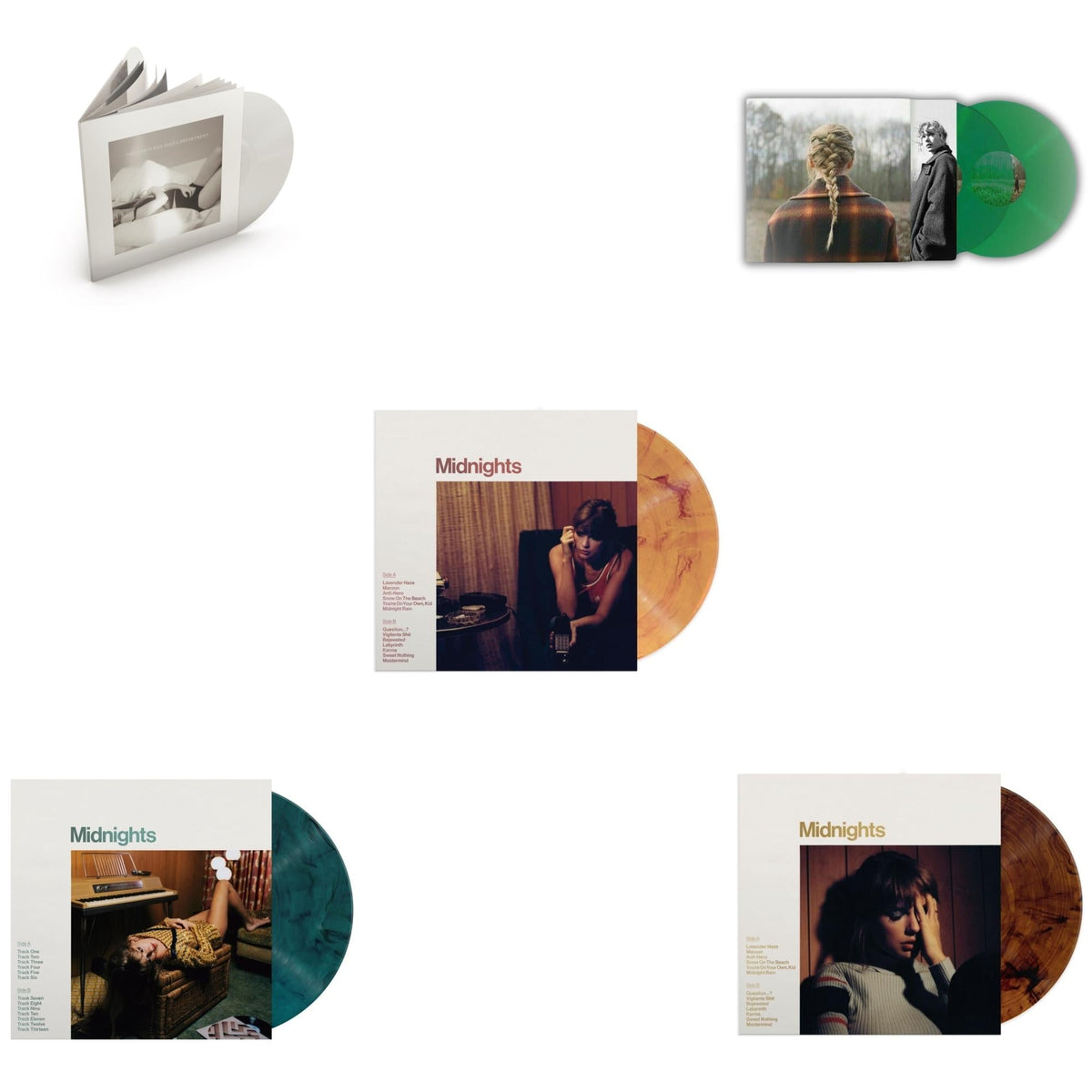 Taylor Swift - Evermore (Translucent Green Vinyl/2LP) & Midnights (X) (Jade Green LP Vinyl) & Midnights (X) (Blood Moon LP Vinyl) & Midnights (X) (Mahogany Color LP Vinyl) & Tortured Poets Department (X) (Ghosted White Vinyl/2LP/Manuscript- Bonus Track)