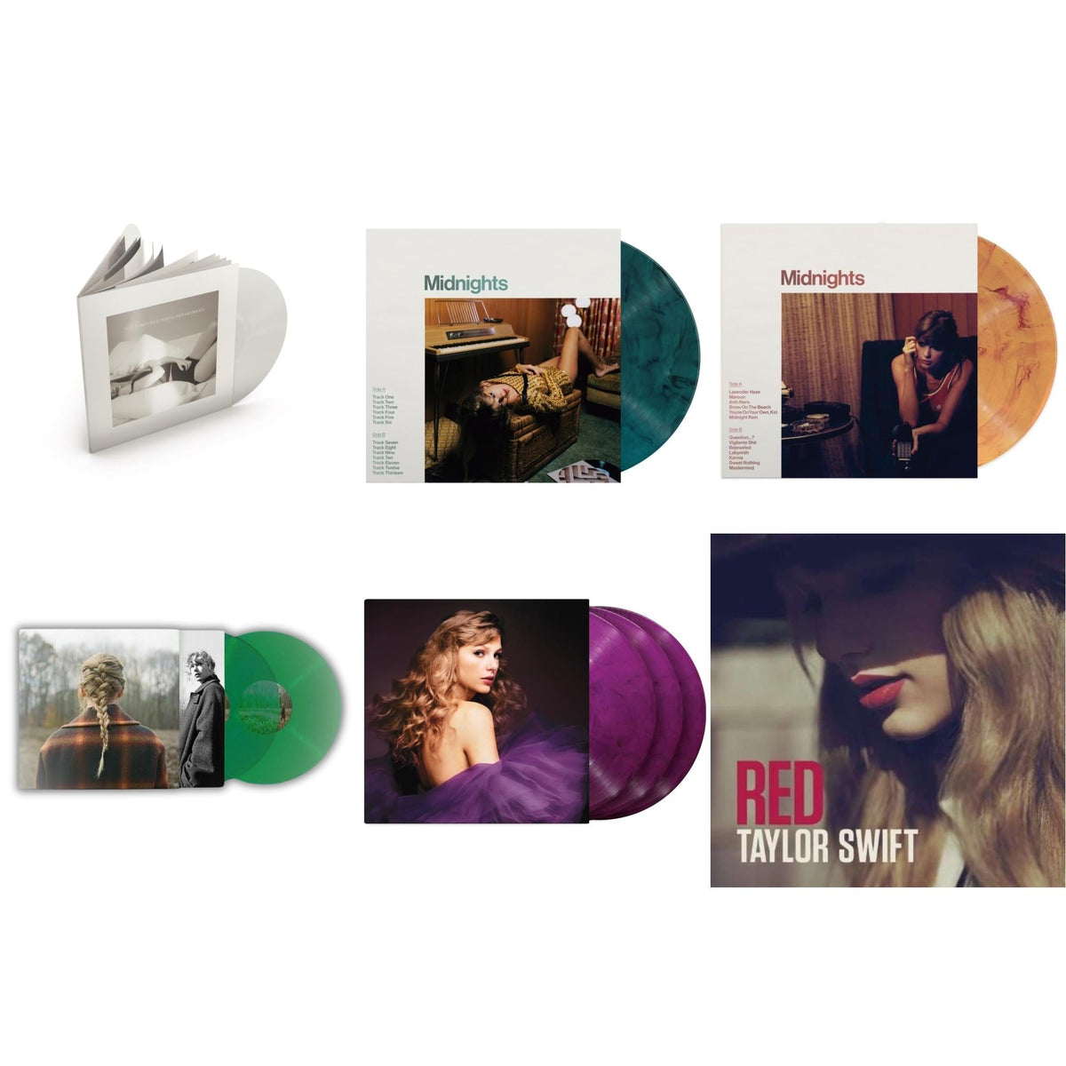 Taylor Swift - Taylor Swift - Evermore (Translucent Green Vinyl/2LP) & Midnights (X) (Jade Green LP Vinyl) & Midnights (X) (Blood Moon LP Vinyl) & Speak Now (Taylor's Version) (Orchid Marbled Vinyl/3LP) & Tortured Poets Department (X) (Ghosted White