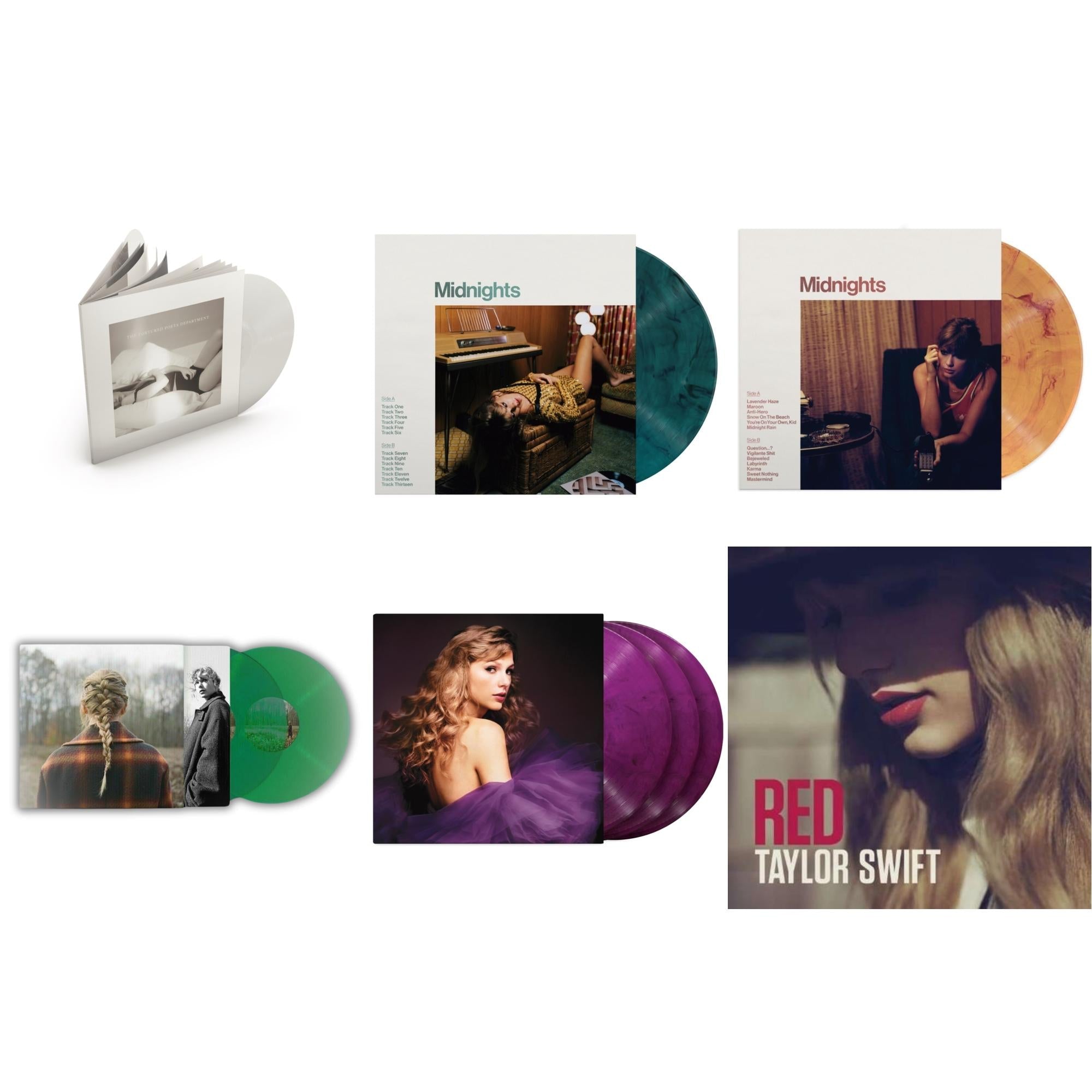 Taylor Swift - Taylor Swift - Evermore (Translucent Green Vinyl/2LP) & Midnights (X) (Jade Green LP Vinyl) & Midnights (X) (Blood Moon LP Vinyl) & Speak Now (Taylor's Version) (Orchid Marbled Vinyl/3LP) & Tortured Poets Department (X) (Ghosted White