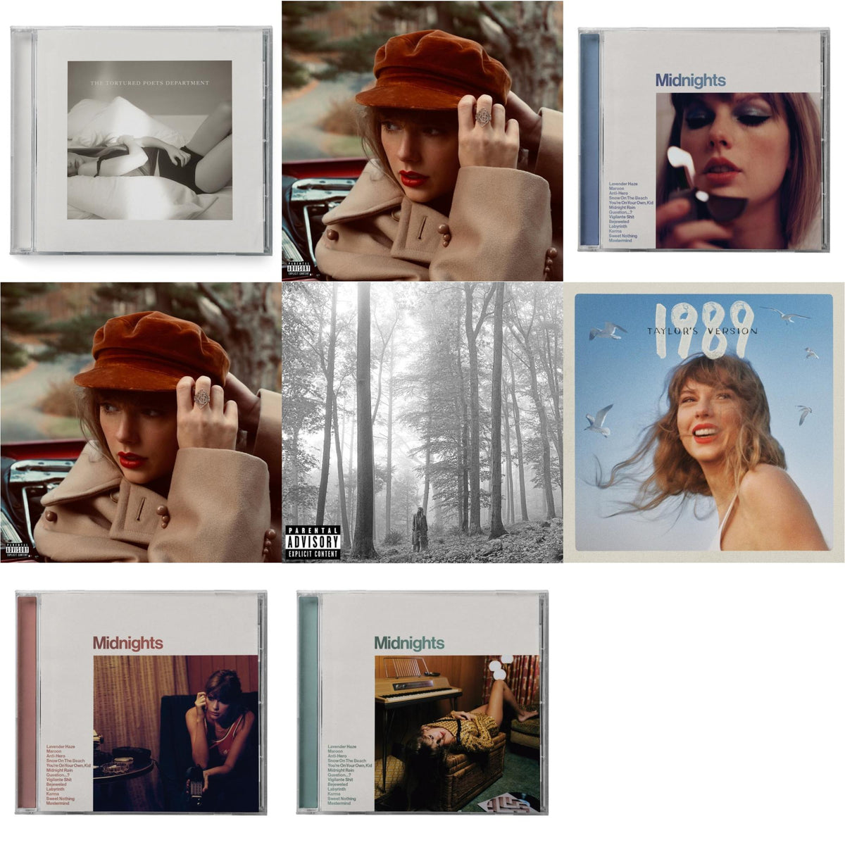 Taylor Swift - Folklore (X) & Red (Taylor's Version) (X) (2CD) & Red (Taylor's Version) (Edited) (2CD) & Midnights (X) (Moonstone Blue CD) & Midnights (X) (Jade Green CD) & Midnights (X) (Blood Moon CD) & 1989 (Taylor's Version) & Tortured Poets
