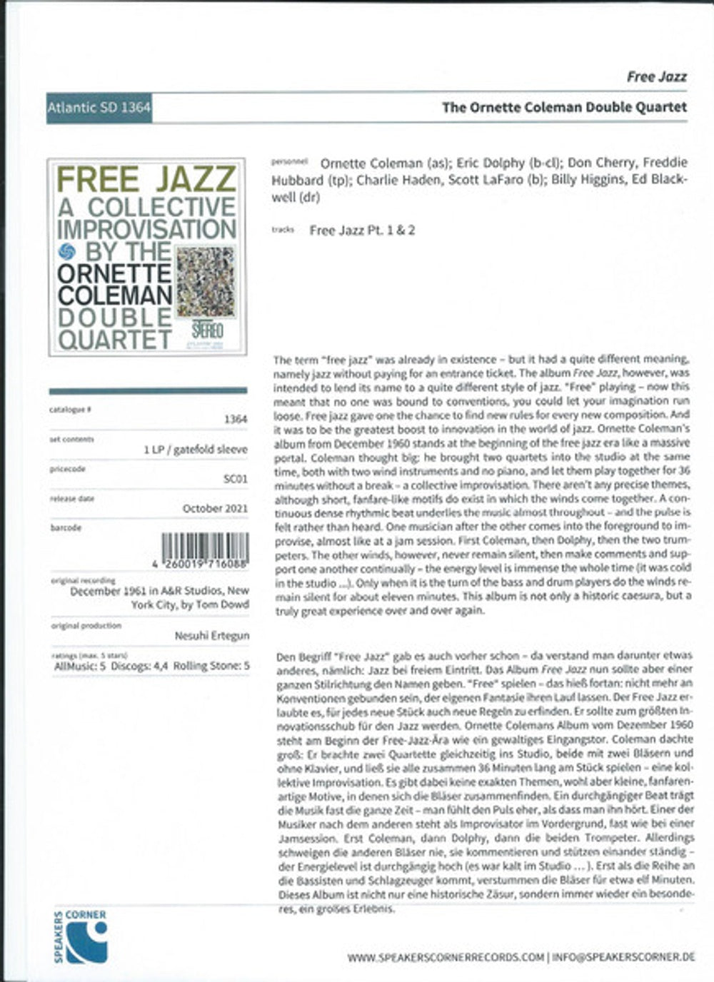 The Ornette Coleman Double Quartet – Free Jazz (LP Vinyl) Vinyl Record