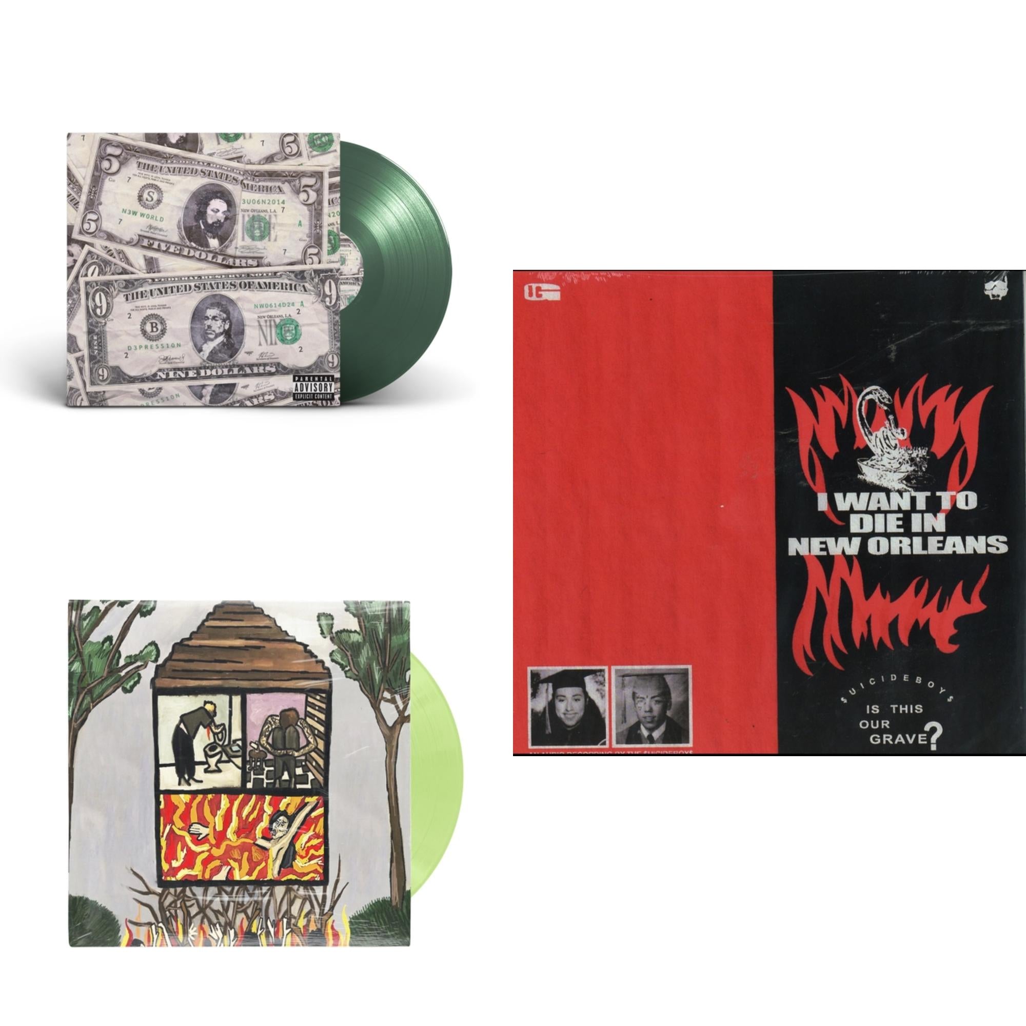 $Uicideboy$ - New World Depression (Coke Bottle LP Vinyl) & Long Term Effects Of Suffering (Glow Green LP Vinyl) & I Want To Die In New Orleans (Red/Black LP Vinyl)