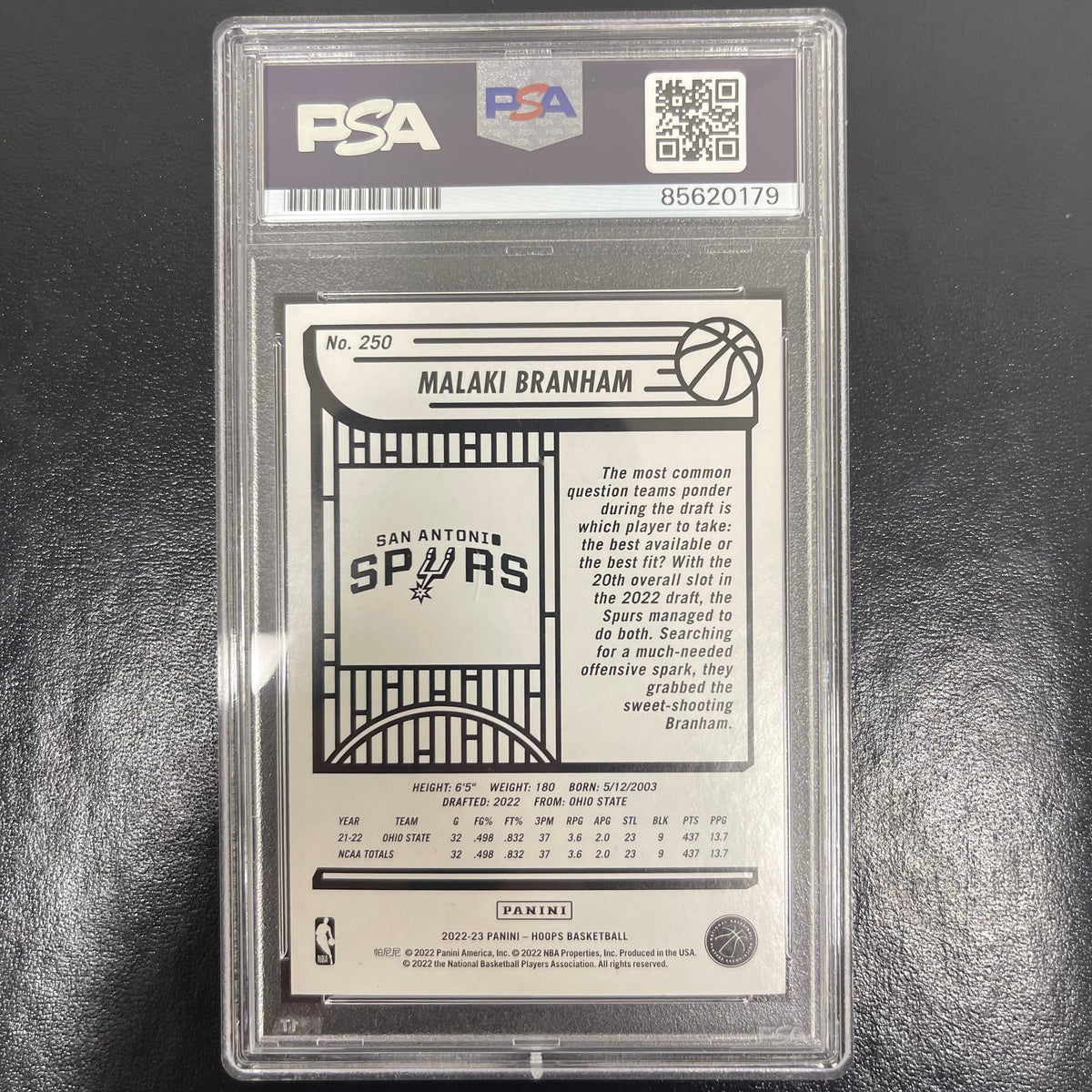 2022-23 Panini Hoops #250 Malaki Branham signed card PSA Spurs
