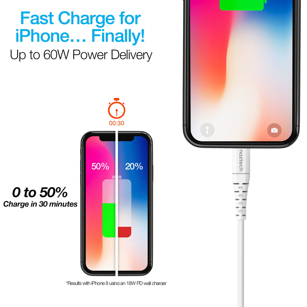 Naztech PD MFI Lightning to USB-C Cable 6ft White