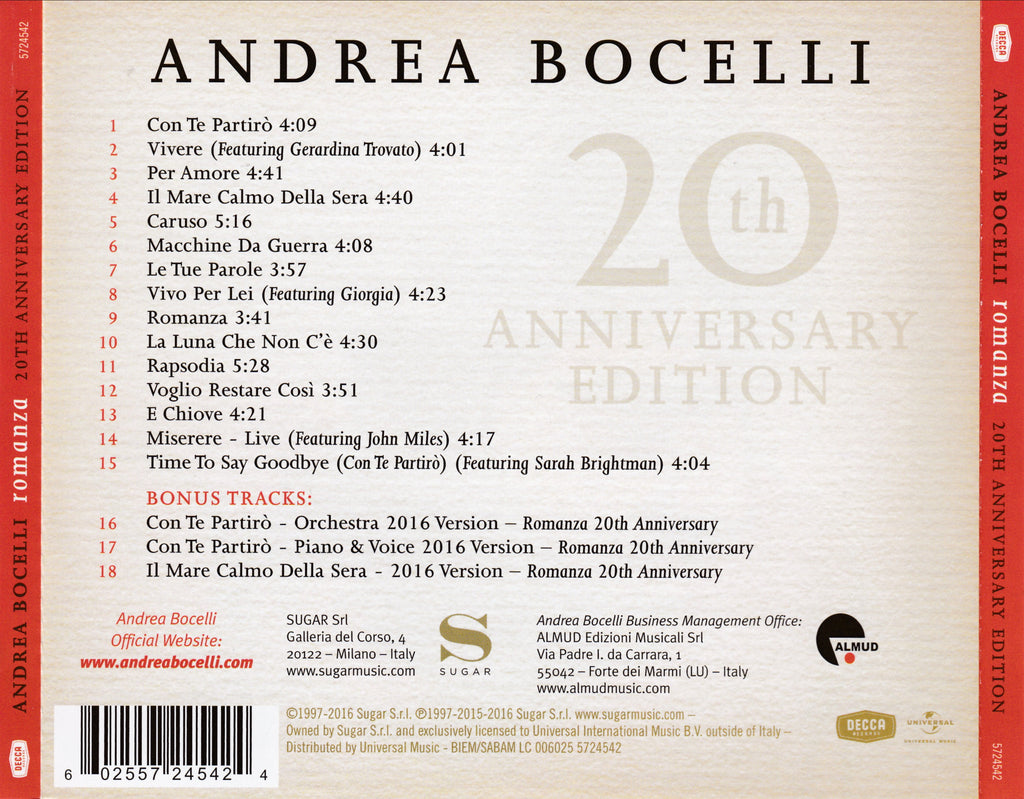 Andrea Bocelli – Romanza: 20th Anniversary Edition Music CD