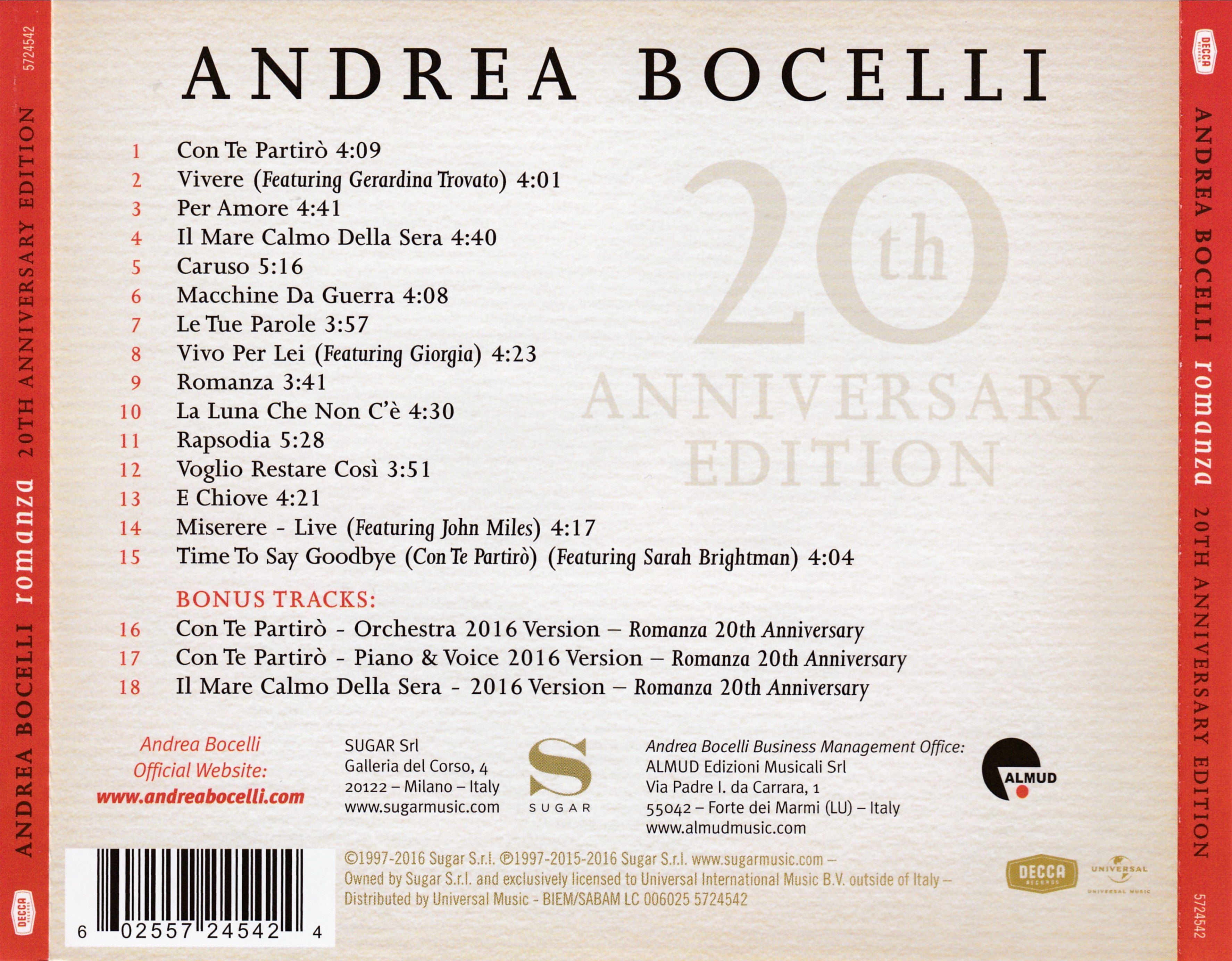 Andrea Bocelli – Romanza: 20th Anniversary Edition Music CD