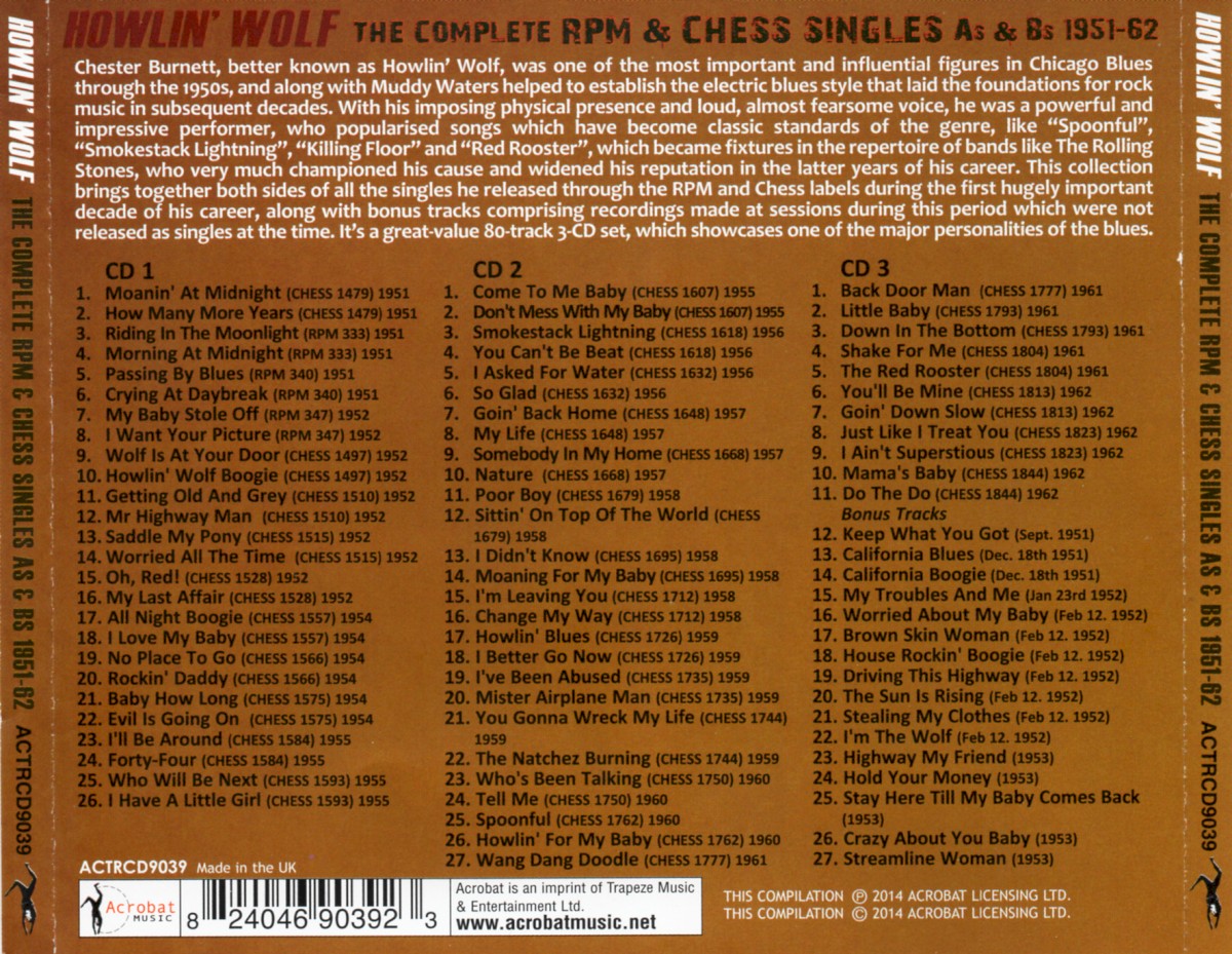 Howlin' Wolf – The Complete RPM &Chess Singles As & Bs 1951-62 (3-CD) Music CD