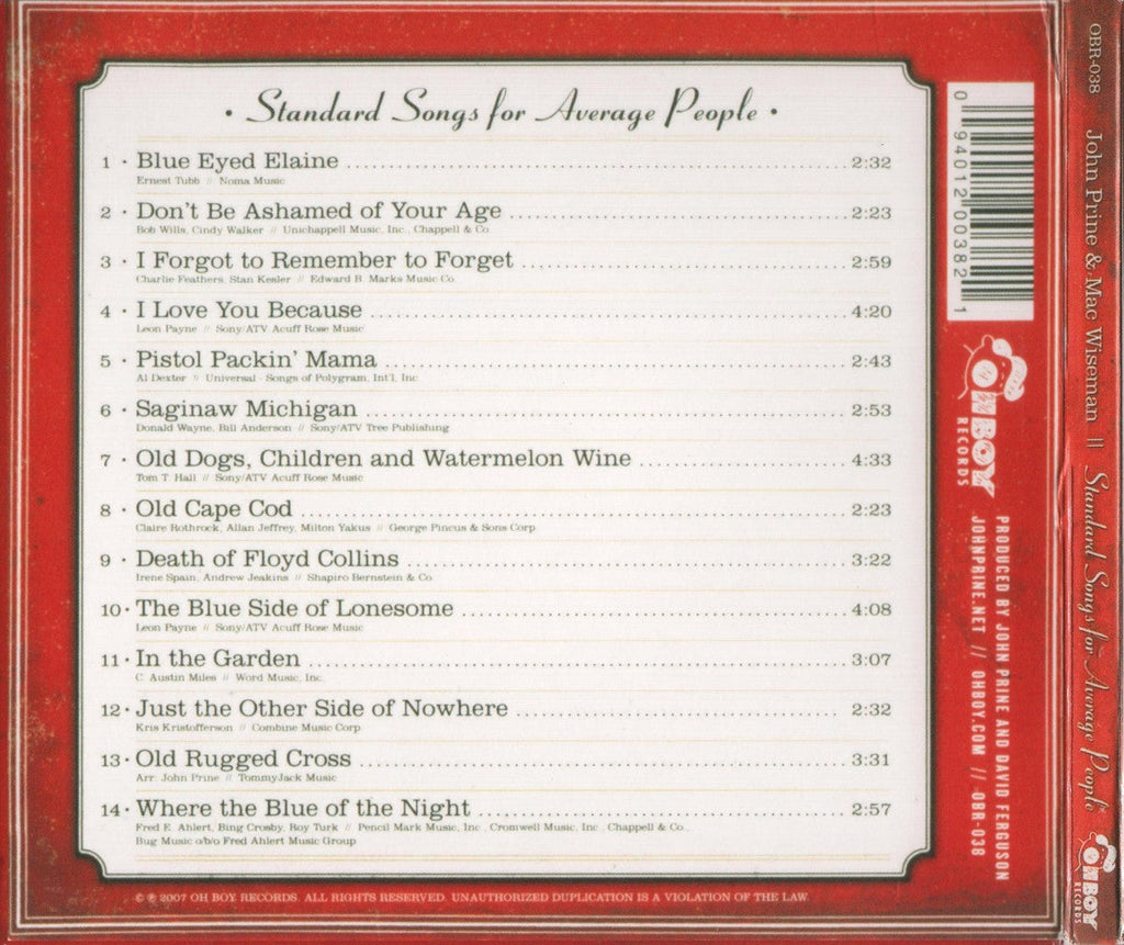 John Prine & Mac Wiseman – Standard Songs for Average People Music CD