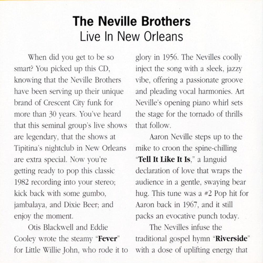Neville Brothers – Live in New Orleans Music CD