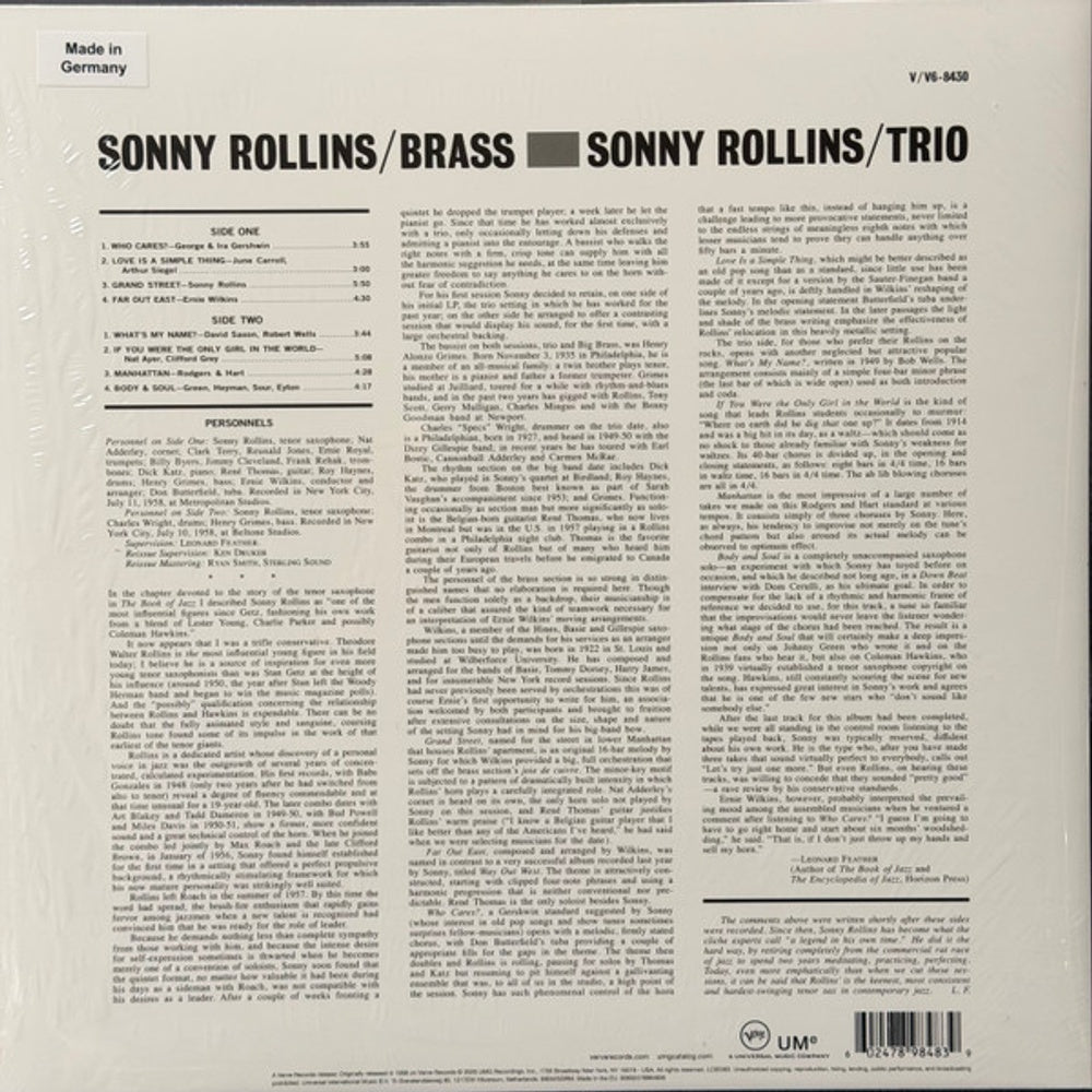 Sonny Rollins – Brass/Trio (LP Vinyl) Vinyl Record