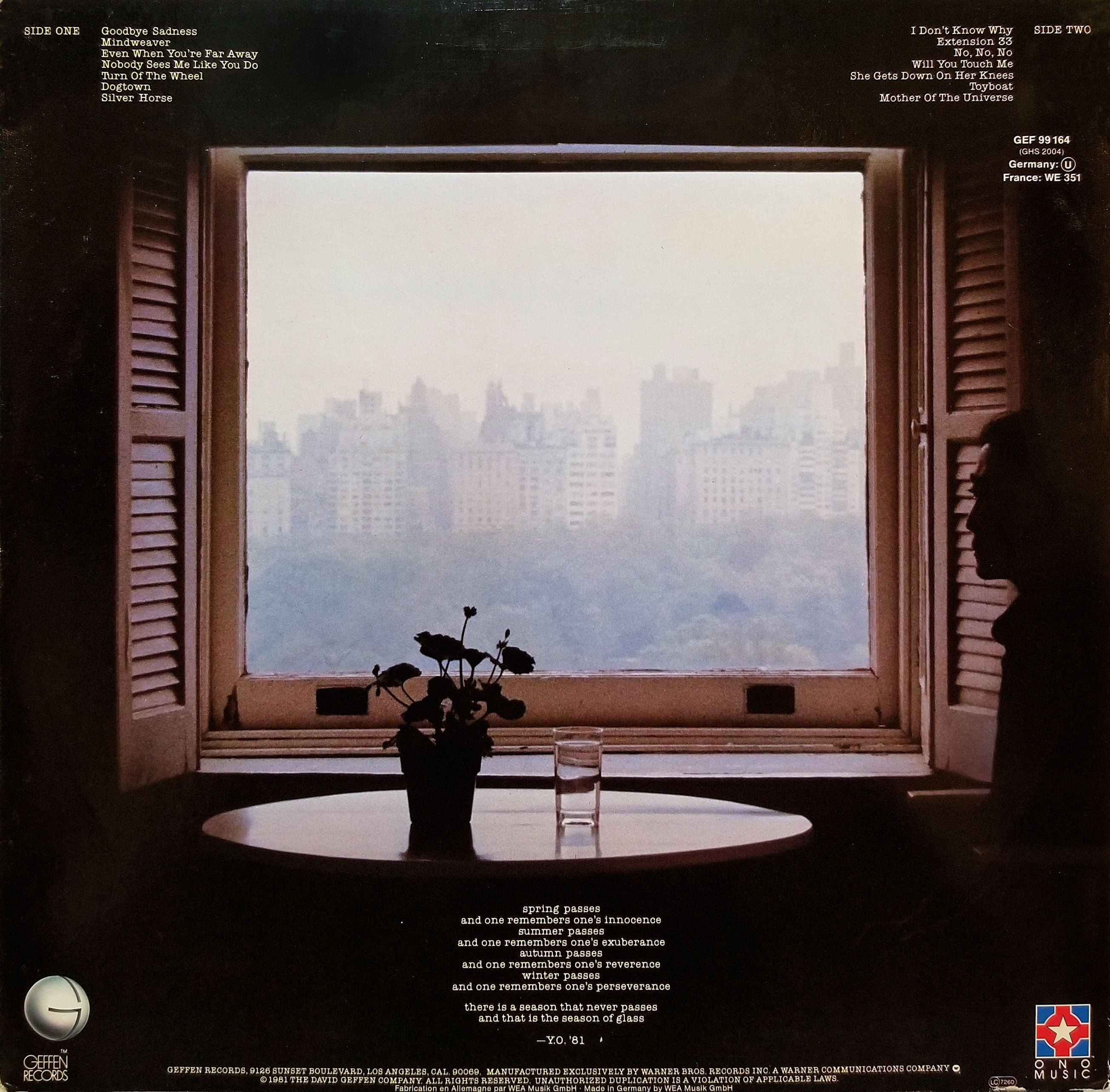 Yoko Ono – Season Of Glass (LP Vinyl) Vinyl Record
