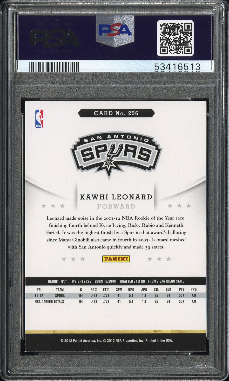 2012 Panini Hoops #236 Kawhi Leonard Signed Card PSA 6 Auto 10 Autographed