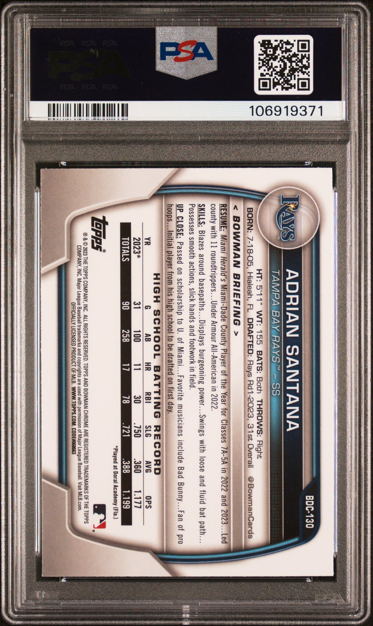 2023 Bowman Draft #BDC130 Adrian Santana Chrome signed card PSA 10 Auto A Rays
