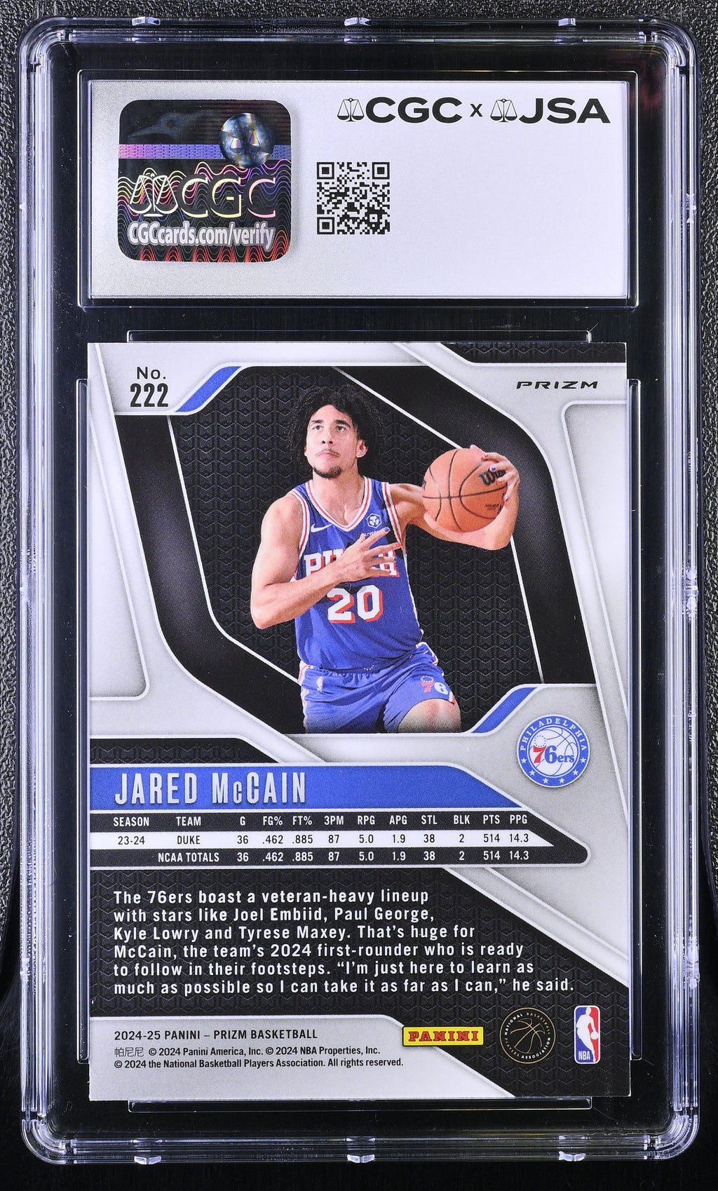 Jared McCain 2024-25 Panini Prizm Silver#222 Signed Card CGC Auth JSA Auto Auth