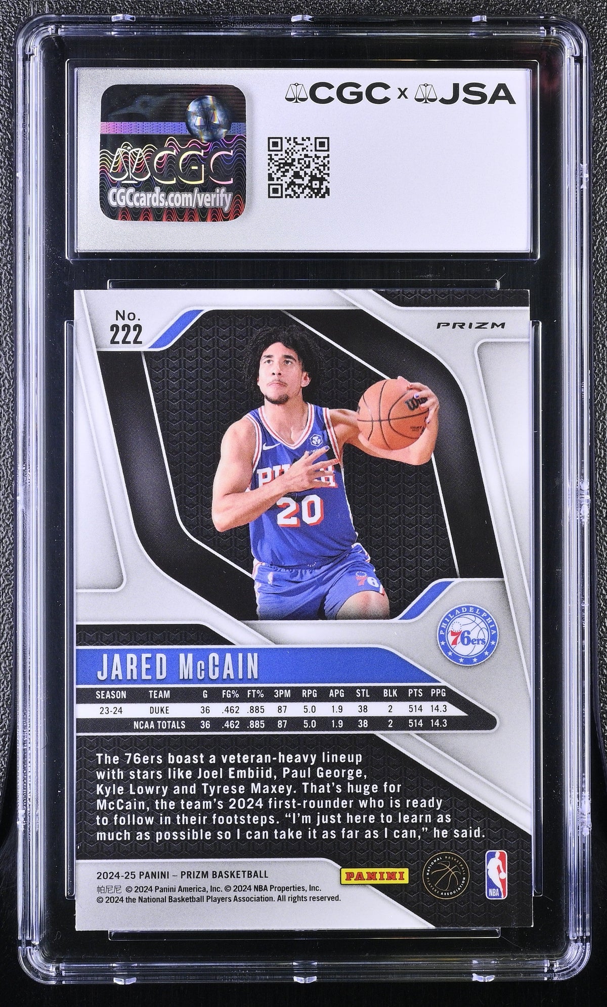 Jared McCain 2024-25 Panini Prizm Silver#222 Signed Card CGC Auth JSA Auto Auth