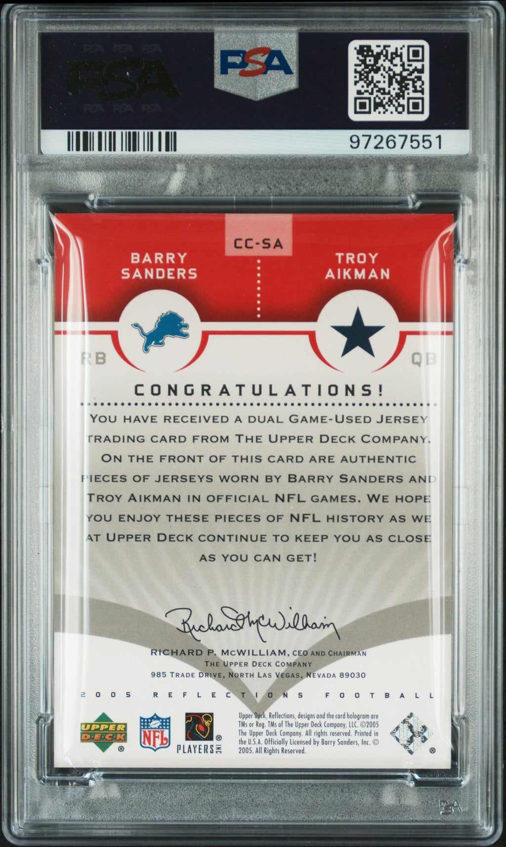 2005 Upper Deck Reflections Red#CC-SA Barry Sanders Signed Card PSA 9 Auto 10