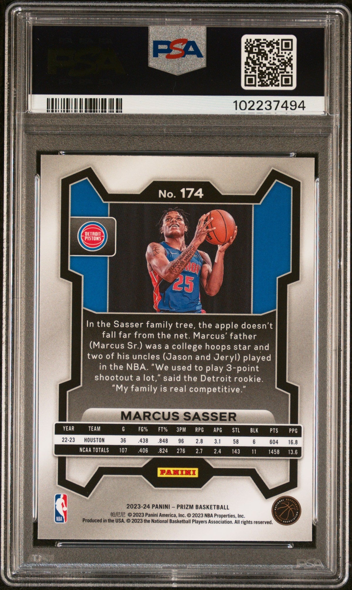 2023 Panini Prizm #174 Marcus Sasser PSA A Auto 10