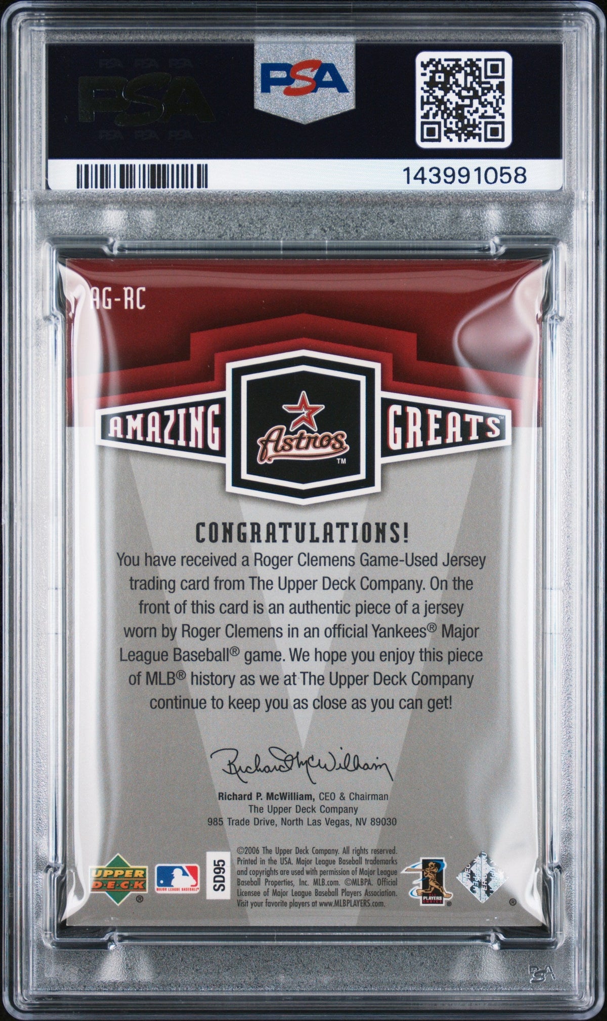 2006 Upper Deck Amazing Mat#AG-RC Roger Clemens Signed Card Auto 10 PSA Slabbed Astros