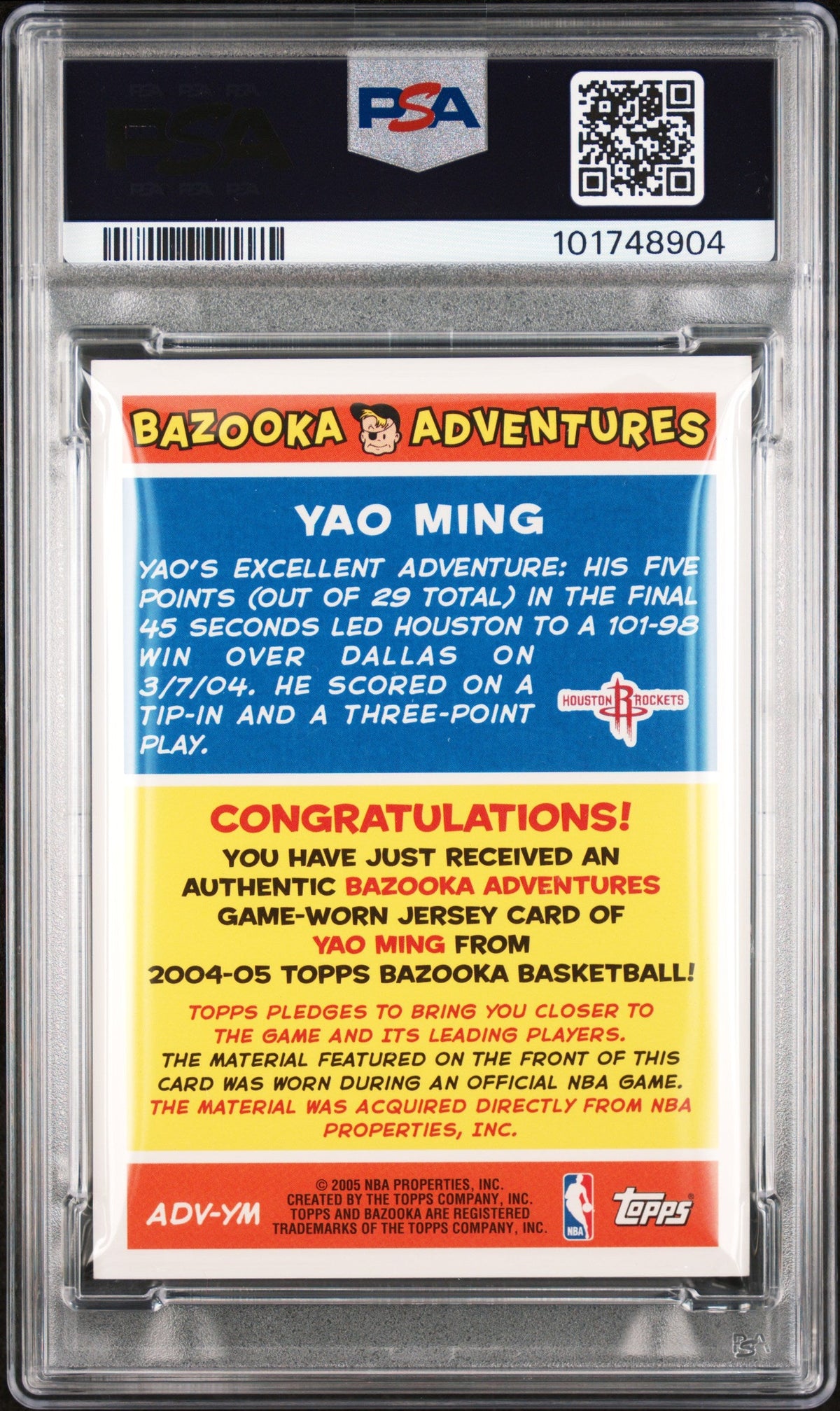 2004 Bazooka Adventures #YM Yao Ming PSA A Auto 10