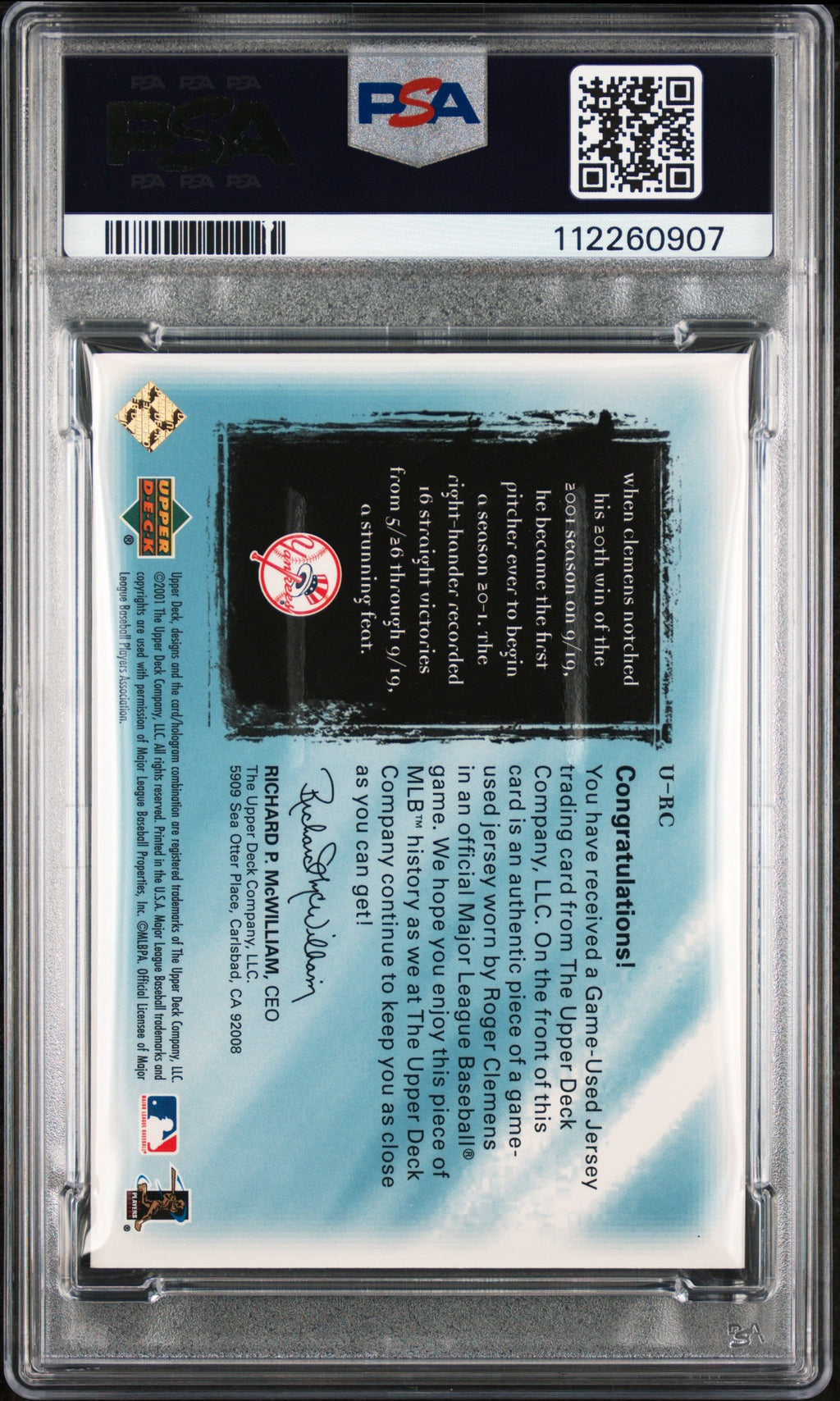 2001 Ultimate Col Ult Gm Jrsy #U-RC Roger Clemens 010/150 signed PSA A Auto 10