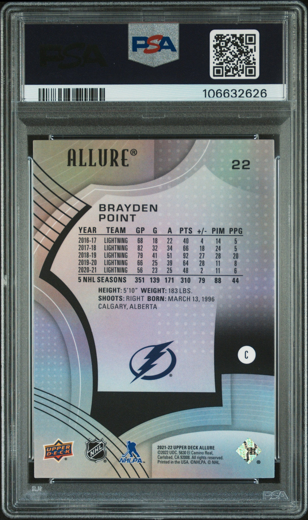 2021 Upper Deck Allure #22 Brayden Point signed card PSA 10 Auto 10