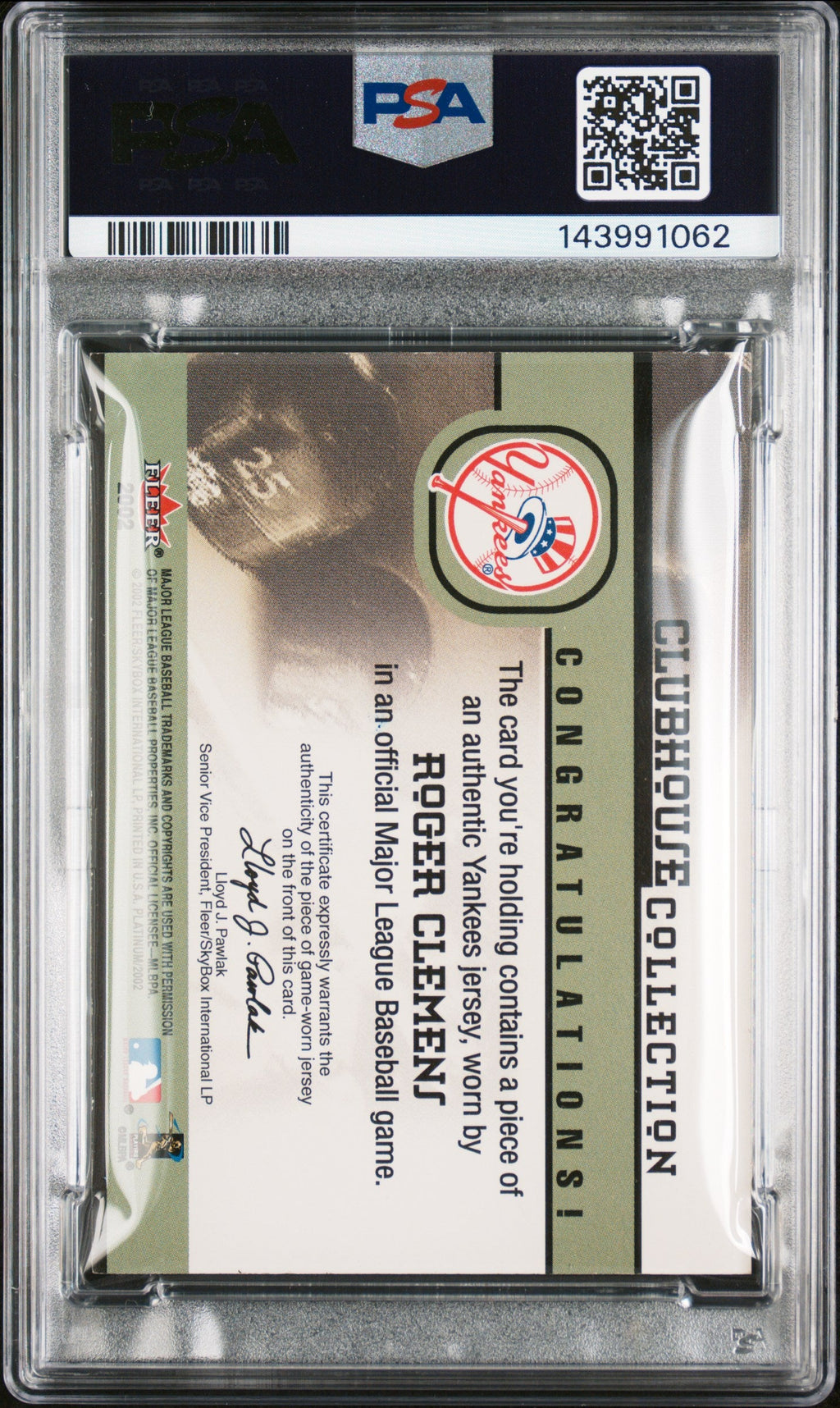 2002 Fleer Platinum Clubhouse Coll. Roger Clemens Signed Card Auto 10 PSA Yankee