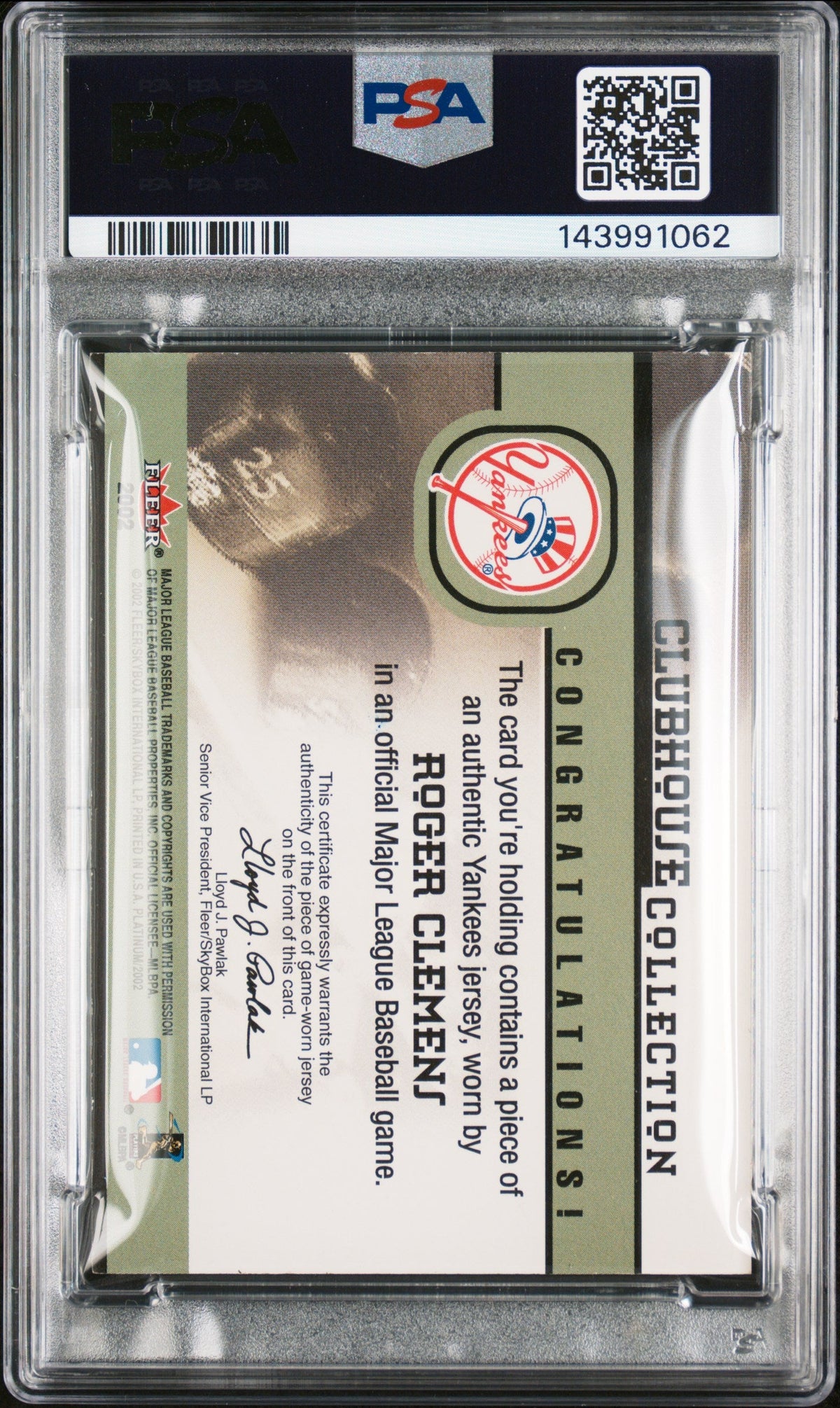 2002 Fleer Platinum Clubhouse Coll. Roger Clemens Signed Card Auto 10 PSA Yankee