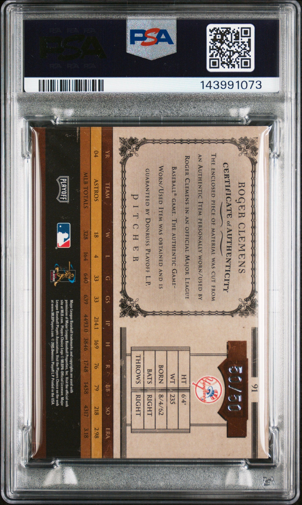 2005 Playoff Prime Cuts Mat Jer #91 Roger Clemens Signed Card Auto 10 PSA Yankee