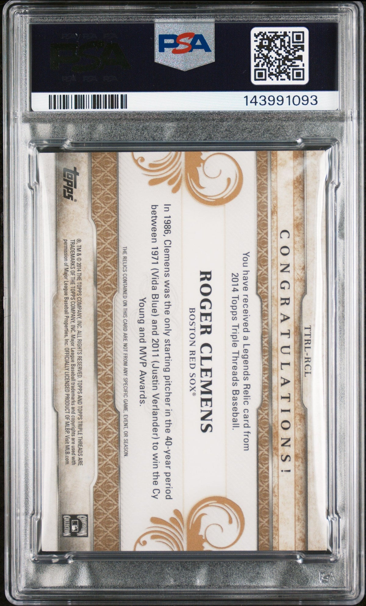 2014 Topps Triple Threads Gold#TTRL-RCL 4/9 Roger Clemens Signed Card PSA Auto10