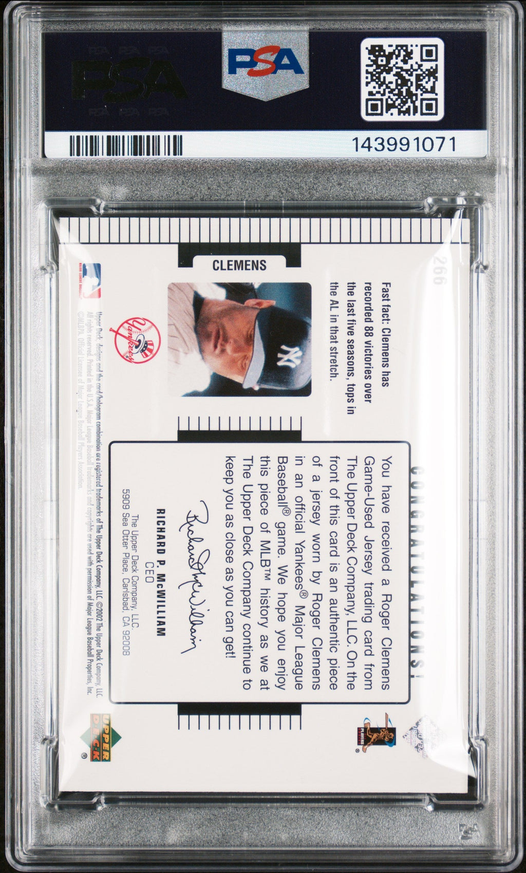 2002 Upper Deck Diamond Connection#266 Roger Clemens Signed Card Auto 10 PSA