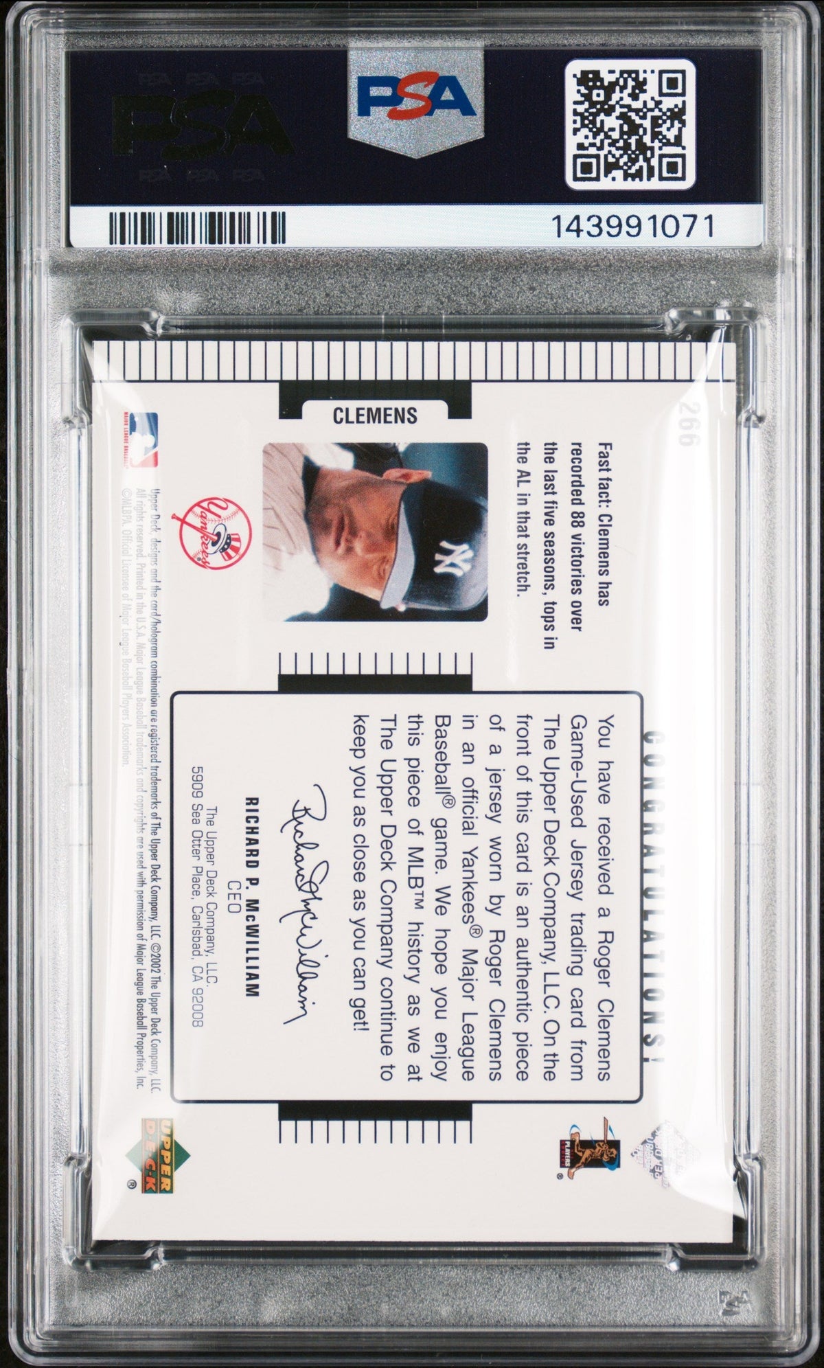 2002 Upper Deck Diamond Connection#266 Roger Clemens Signed Card Auto 10 PSA