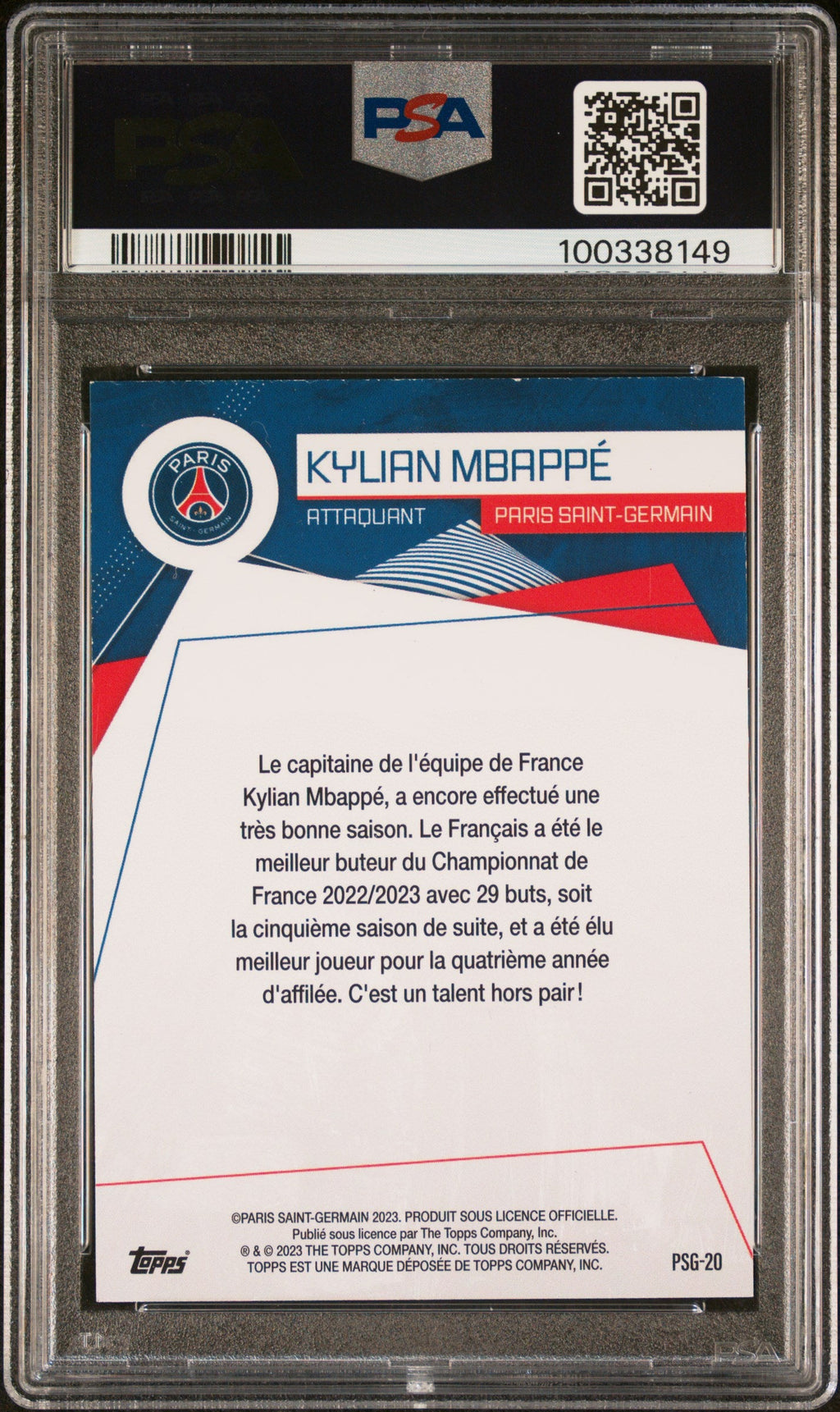 2023 Topps Paris Saint-Germain Fan Set #PSG20 Kylian Mbappe Signed Slabbed PSA