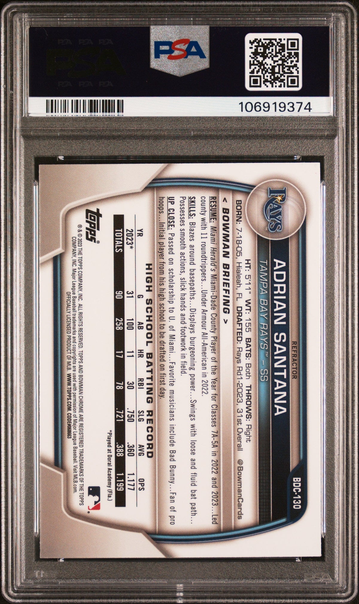 2023 Bowman Draft #BDC130 Adrian Santana Chrome Refr signed card PSA 9 Auto A