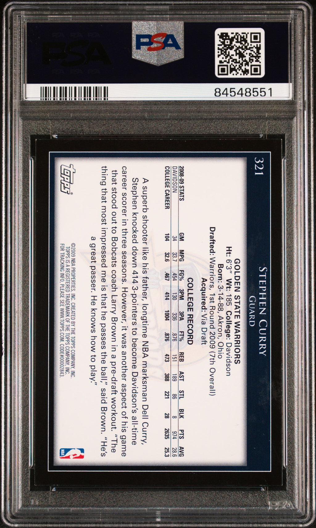 2009 Topps #321 Stephen Curry Signed Card Auto 10 PSA 8 Slabbed GS Warriors